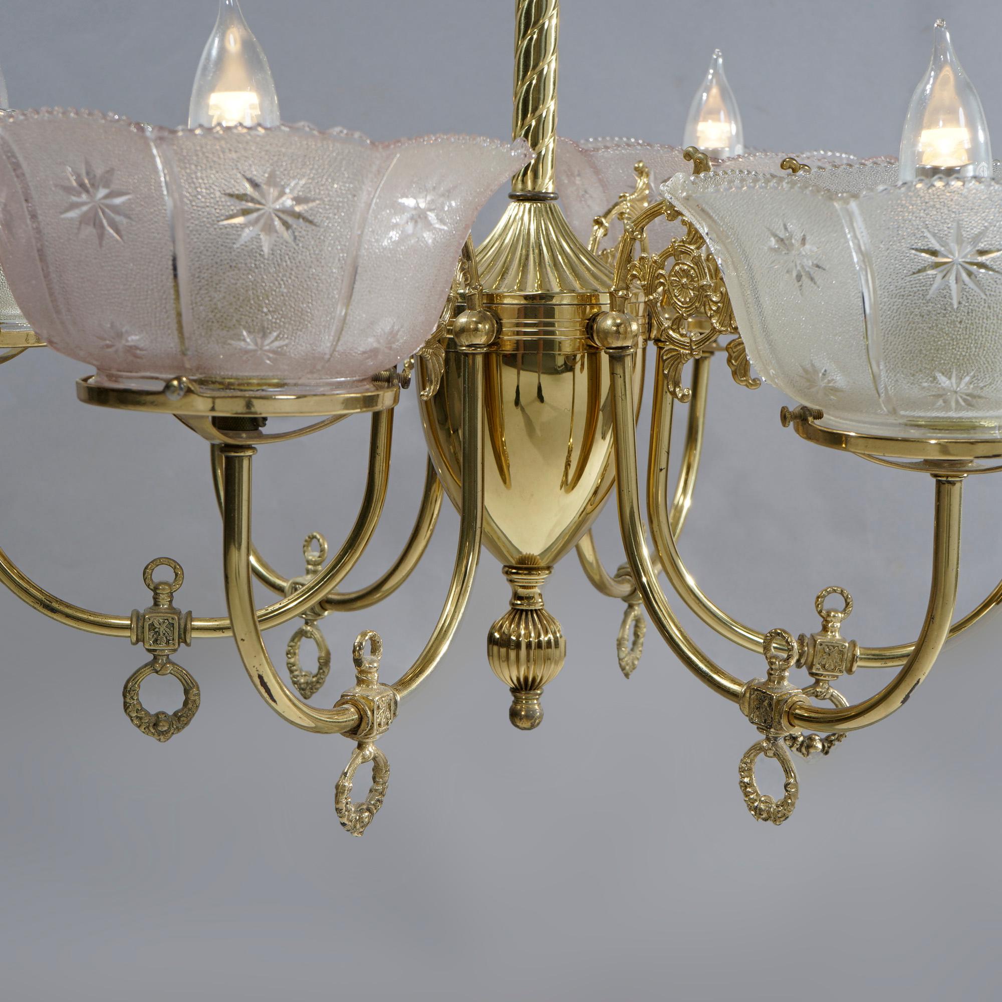 Antique Victorian Brass & Glass Six-Light Electrified Gas Chandelier, c1890 4
