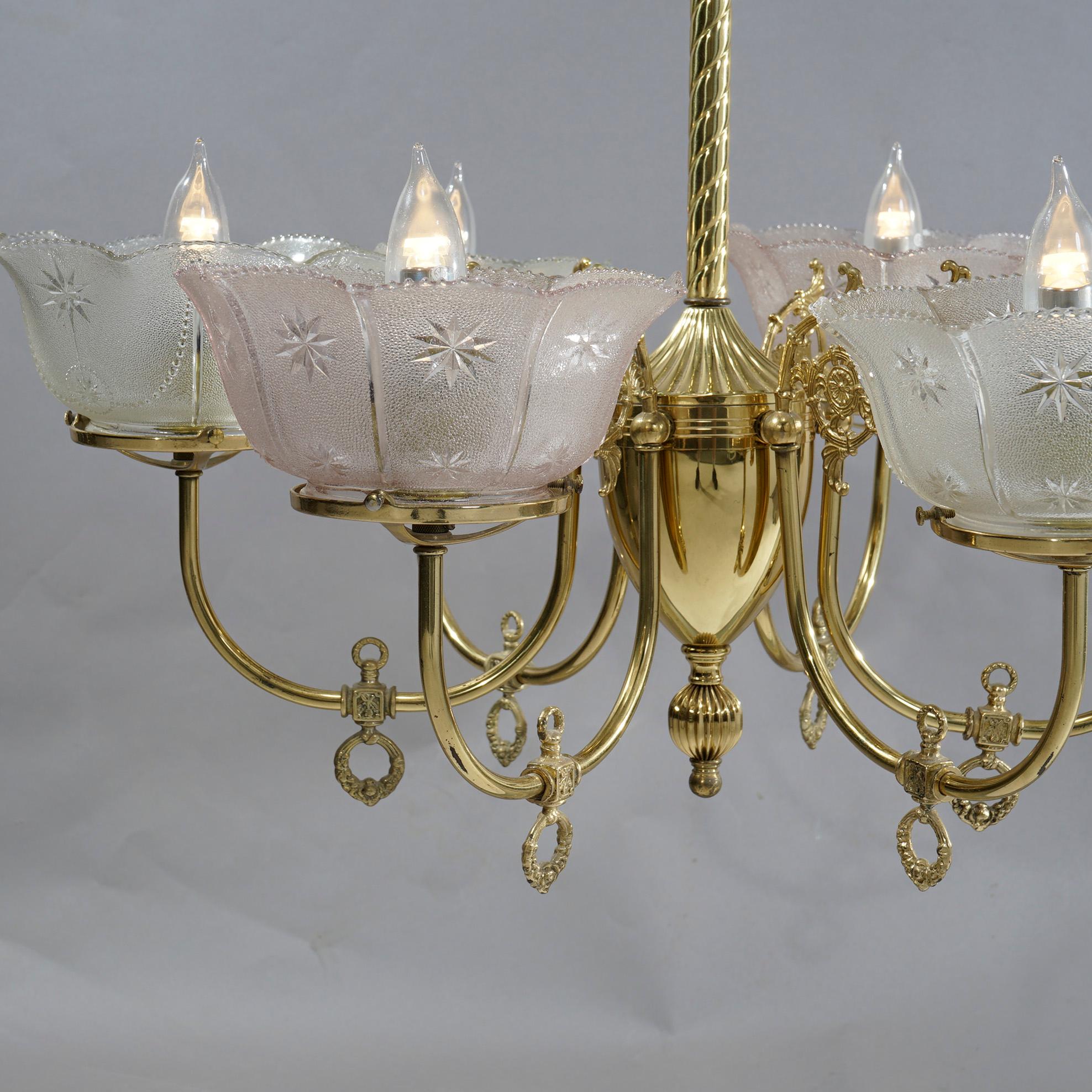 Antique Victorian Brass & Glass Six-Light Electrified Gas Chandelier, c1890 4