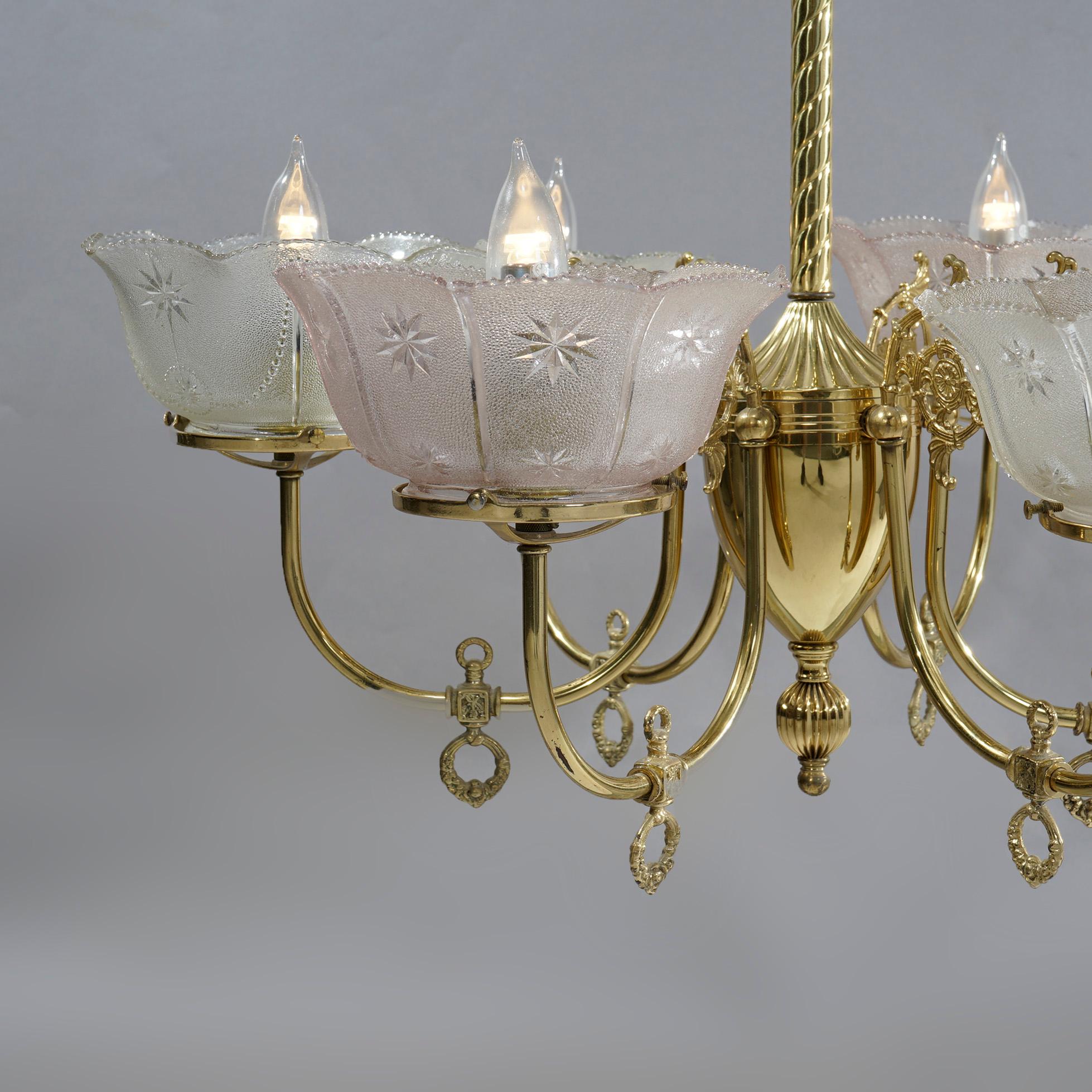 Antique Victorian Brass & Glass Six-Light Electrified Gas Chandelier, c1890 5