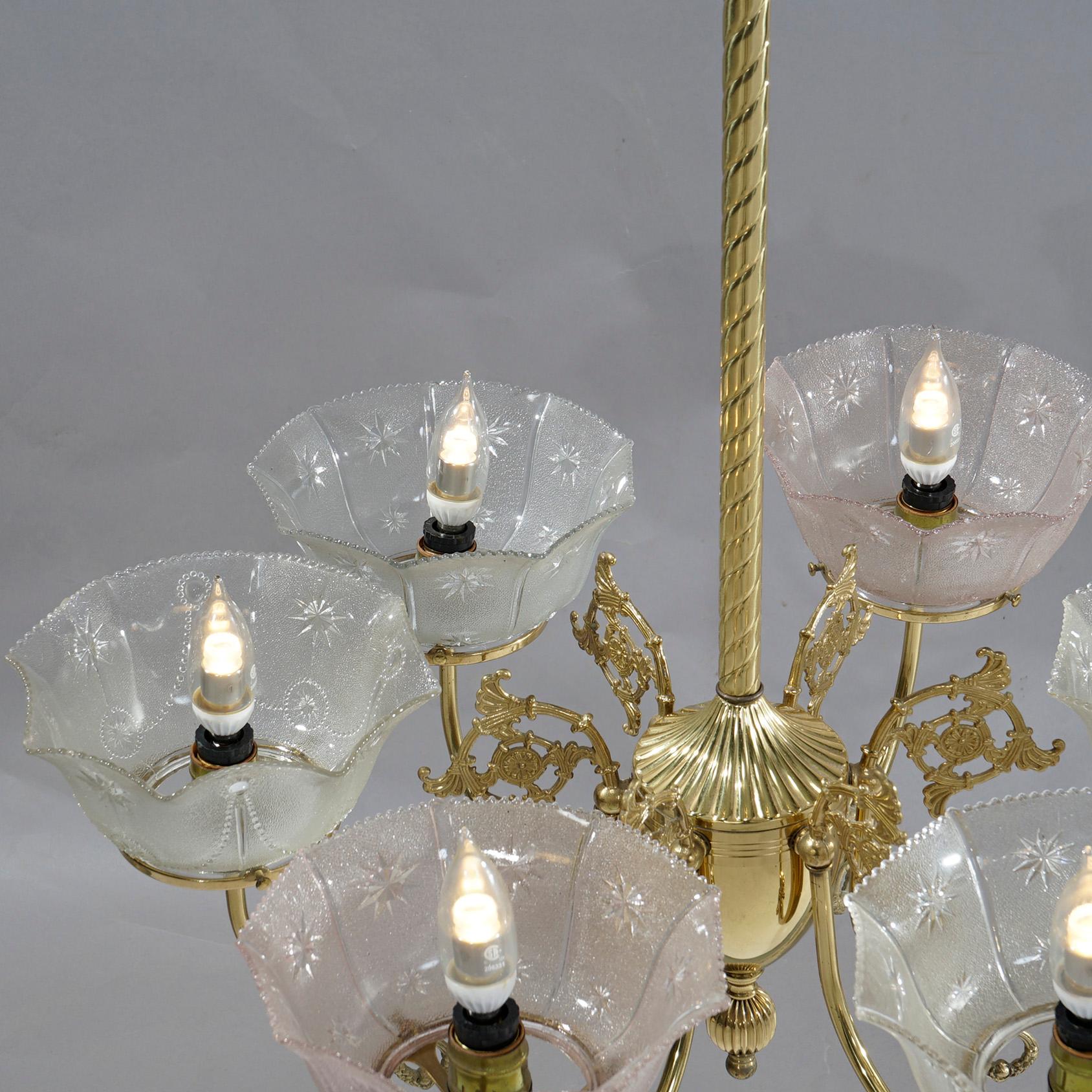 Antique Victorian Brass & Glass Six-Light Electrified Gas Chandelier, c1890 5