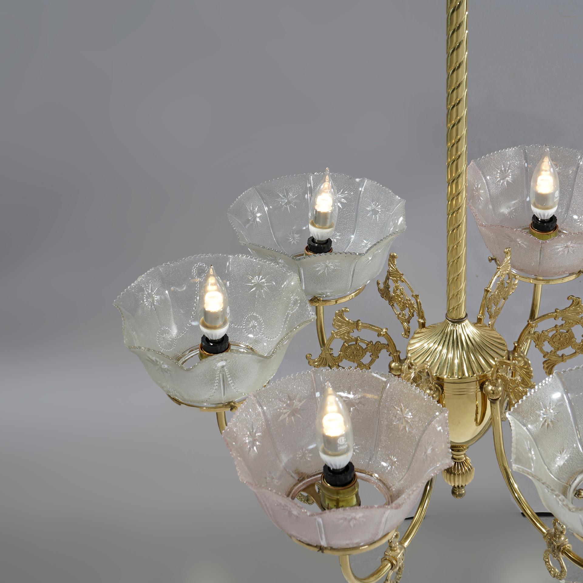 Antique Victorian Brass & Glass Six-Light Electrified Gas Chandelier, c1890 6