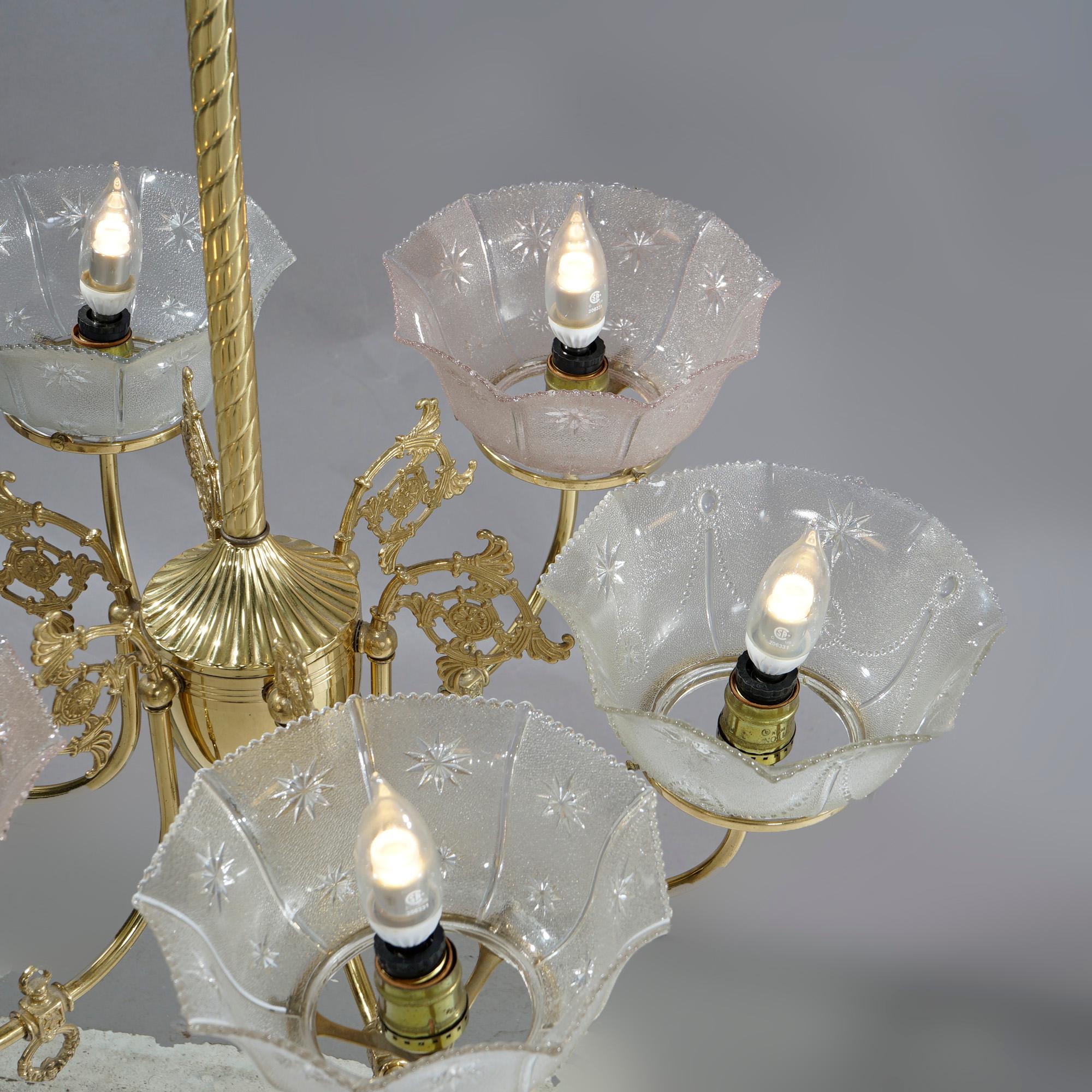 Antique Victorian Brass & Glass Six-Light Electrified Gas Chandelier, c1890 6