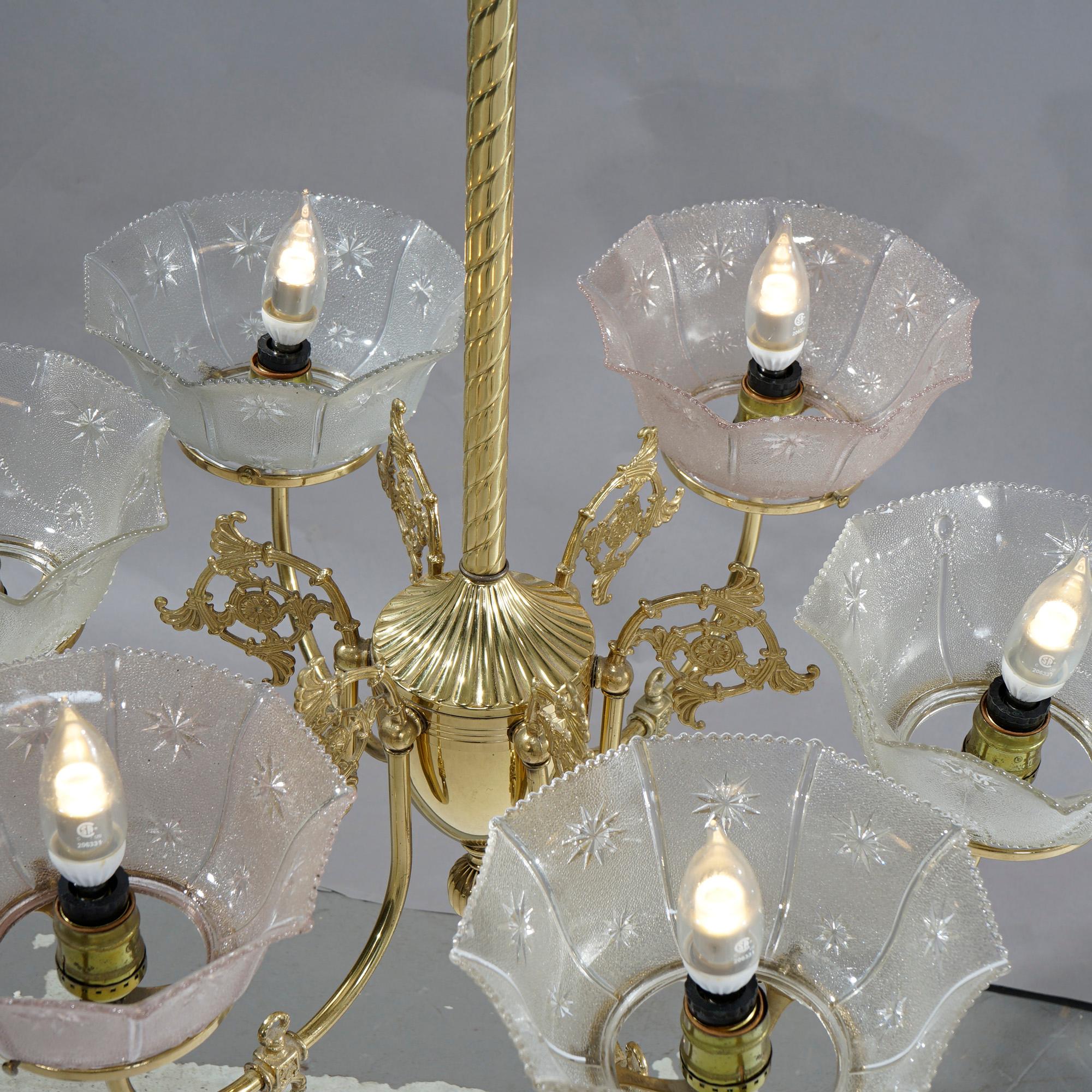 Antique Victorian Brass & Glass Six-Light Electrified Gas Chandelier, c1890 8