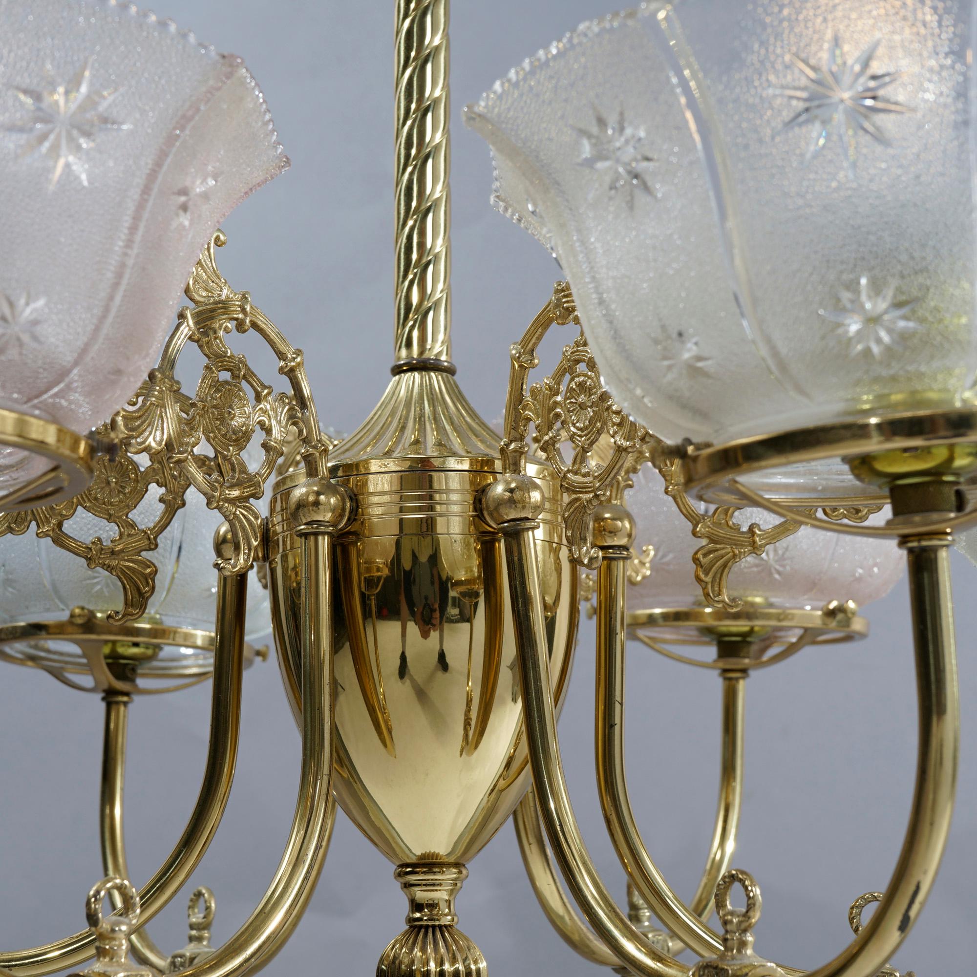 Antique Victorian Brass & Glass Six-Light Electrified Gas Chandelier, c1890 9
