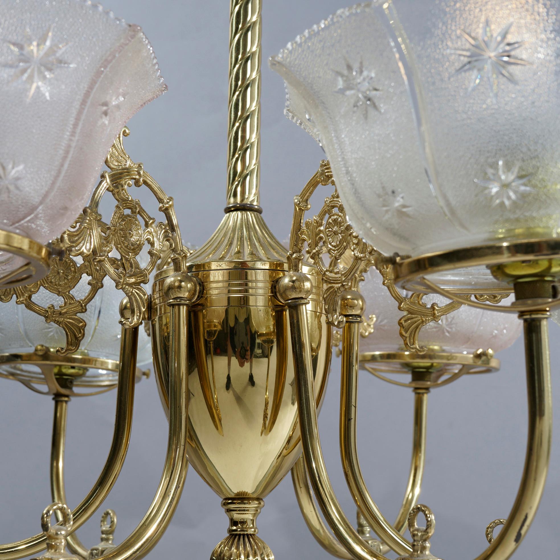 Antique Victorian Brass & Glass Six-Light Electrified Gas Chandelier, c1890 9