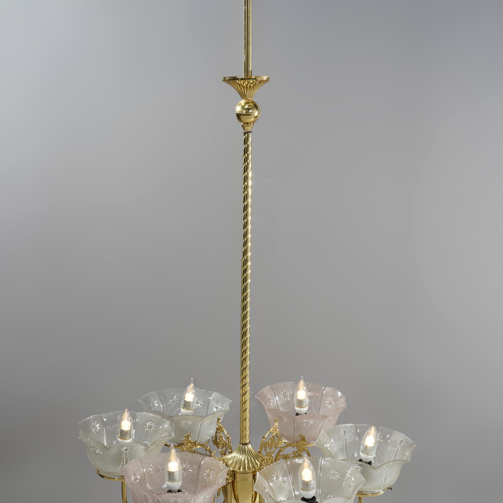 Antique Victorian Brass & Glass Six-Light Electrified Gas Chandelier, c1890 10