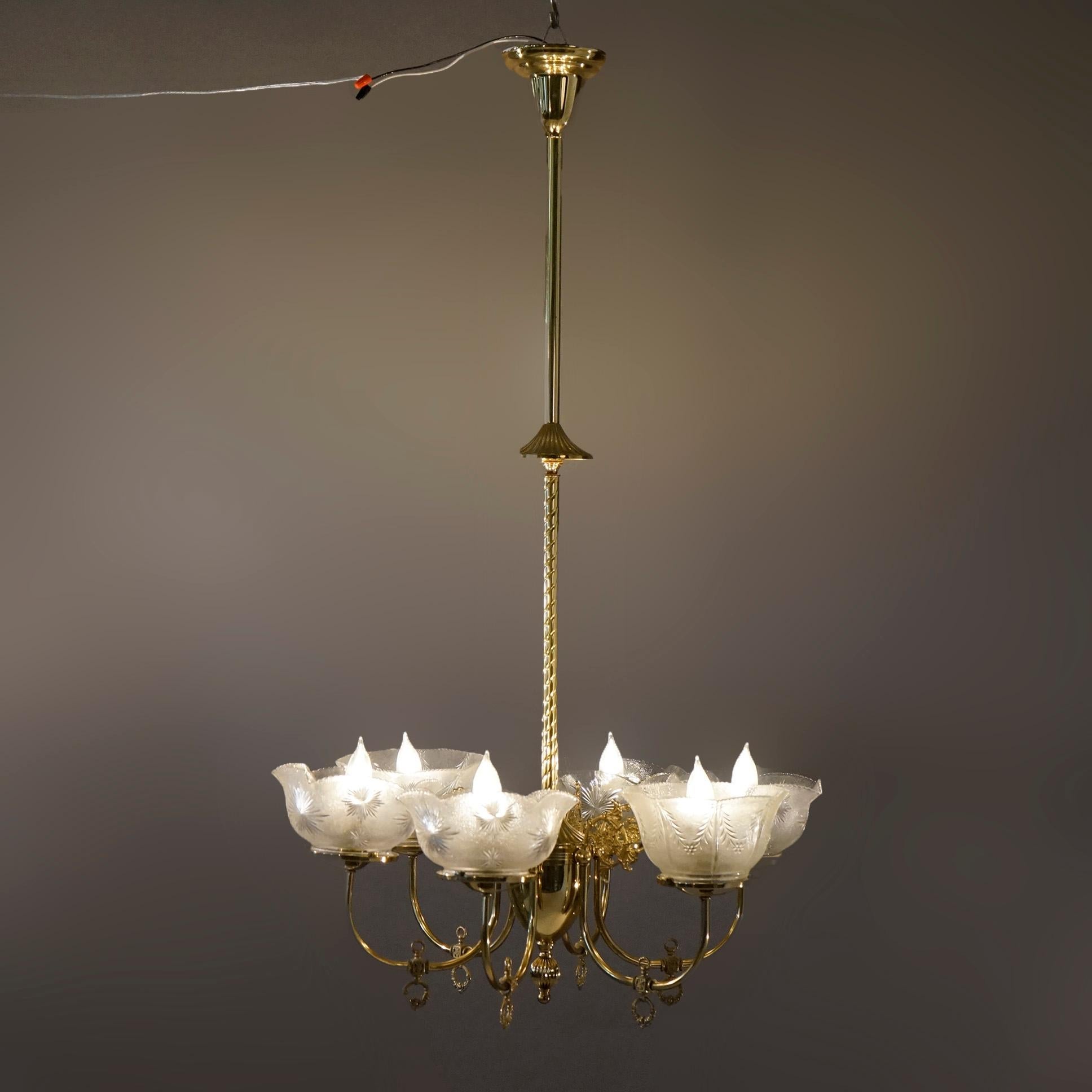 Antique Victorian Brass and Glass Six-Light Electrified Gas Chandelier,  c1890 at 1stDibs | lustre laiton et verre ancien, lustres gaz, lustre  ancien laiton et verre