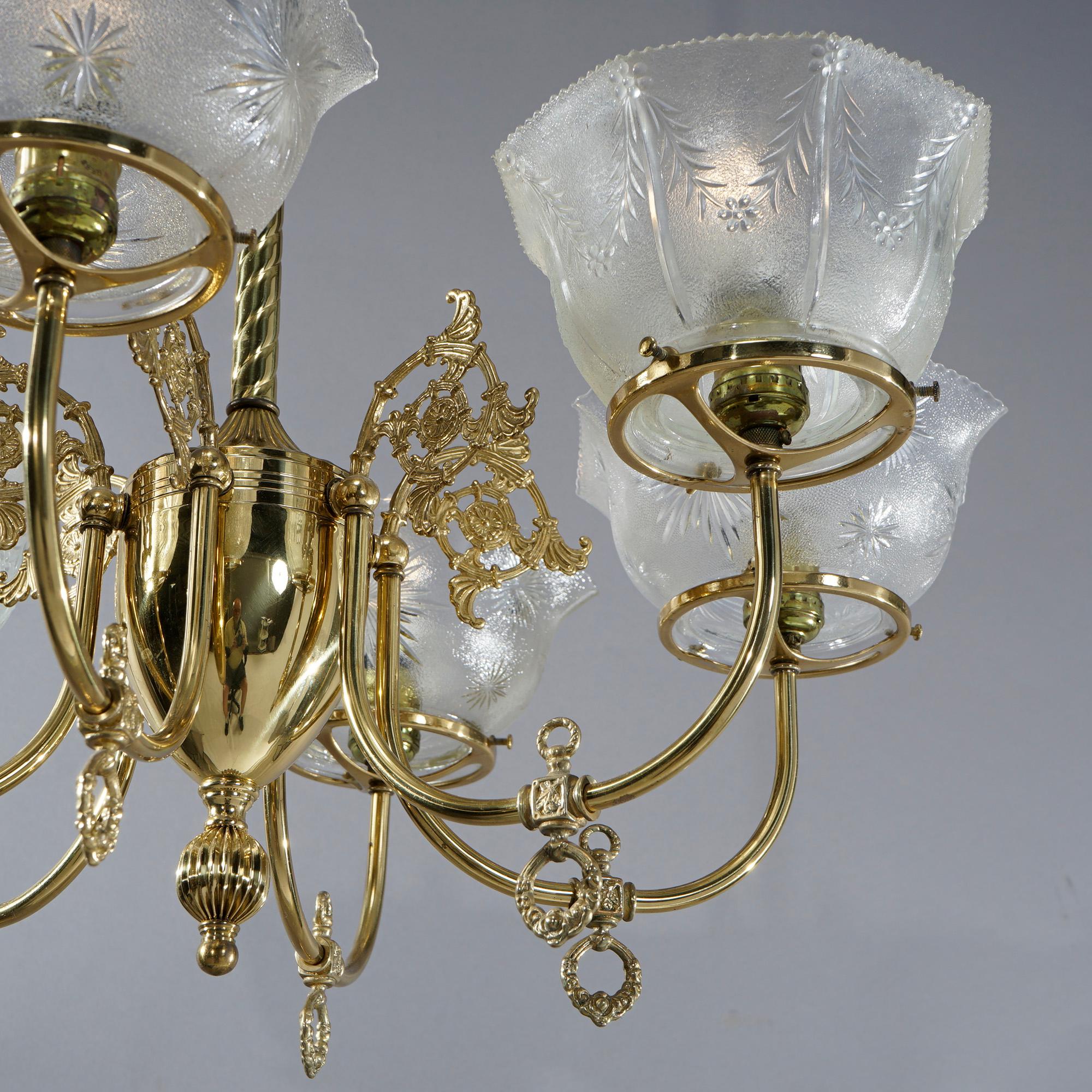 American Antique Victorian Brass & Glass Six-Light Electrified Gas Chandelier, c1890