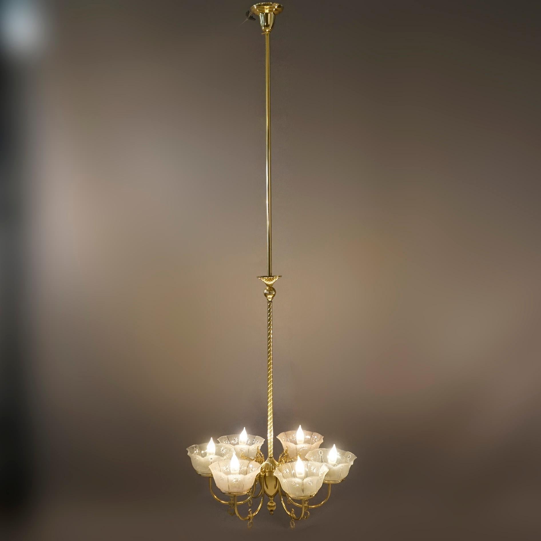 American Antique Victorian Brass & Glass Six-Light Electrified Gas Chandelier, c1890