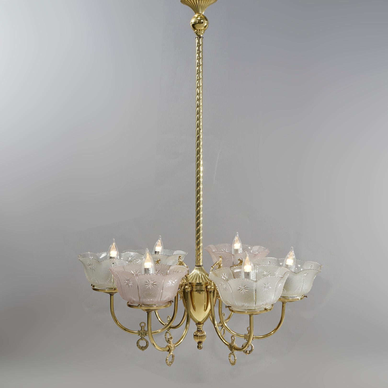 American Antique Victorian Brass & Glass Six-Light Electrified Gas Chandelier, c1890