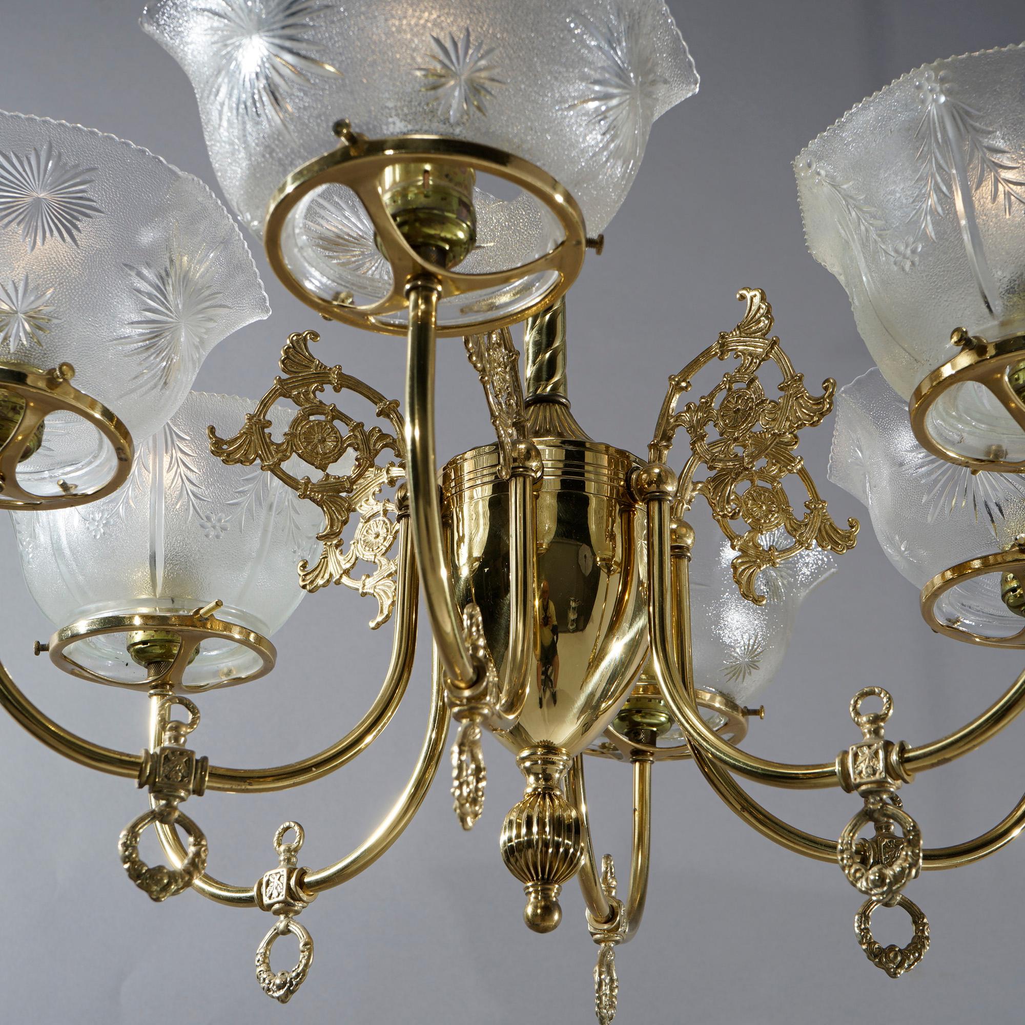 Antique Victorian Brass & Glass Six-Light Electrified Gas Chandelier, c1890 In Good Condition In Big Flats, NY