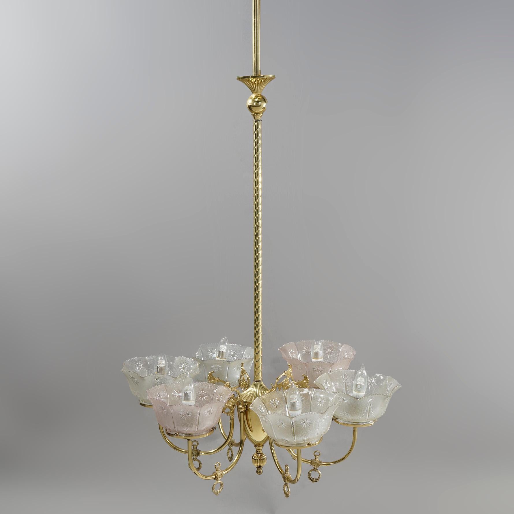 Antique Victorian Brass & Glass Six-Light Electrified Gas Chandelier, c1890 In Good Condition In Big Flats, NY