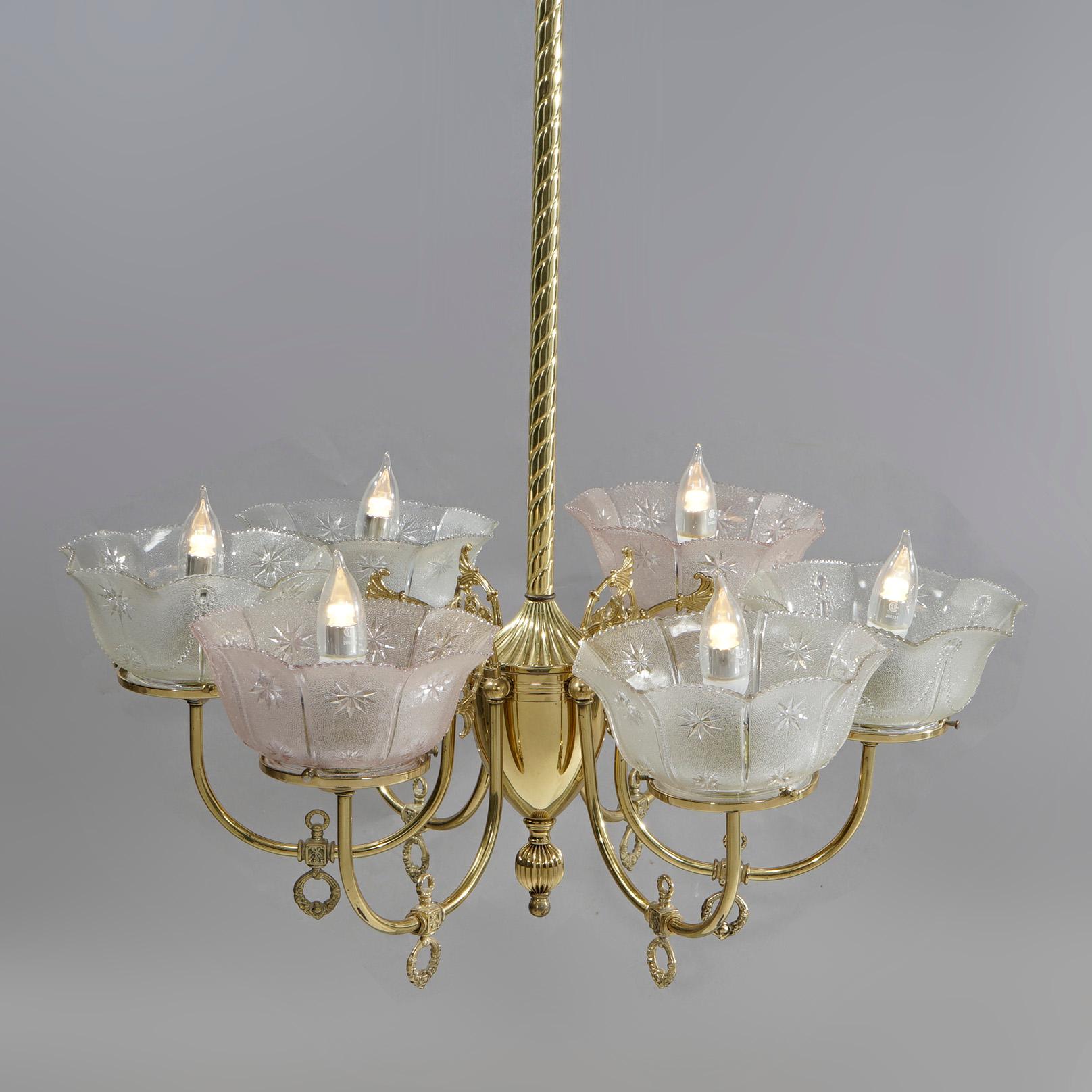 19th Century Antique Victorian Brass & Glass Six-Light Electrified Gas Chandelier, c1890