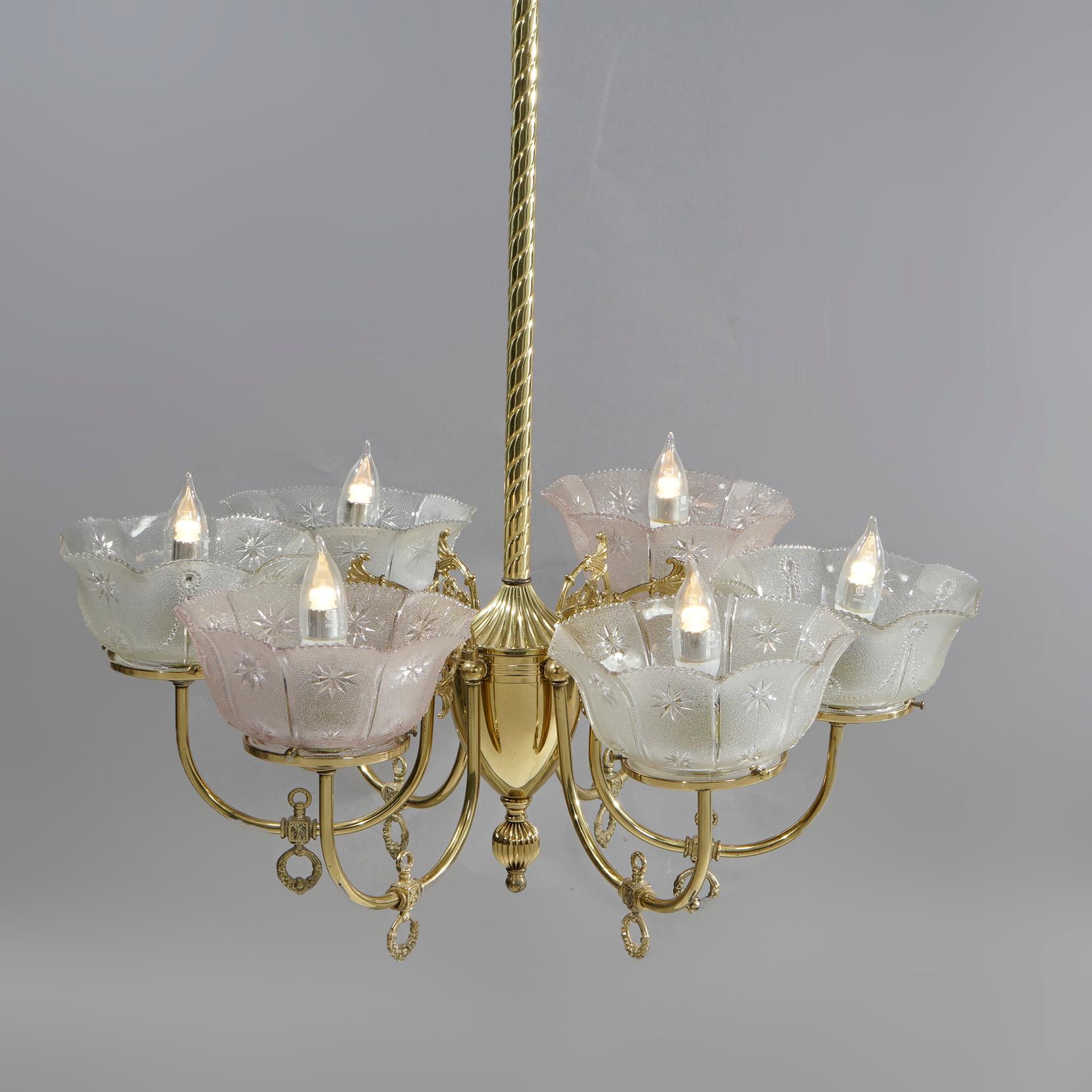 19th Century Antique Victorian Brass & Glass Six-Light Electrified Gas Chandelier, c1890
