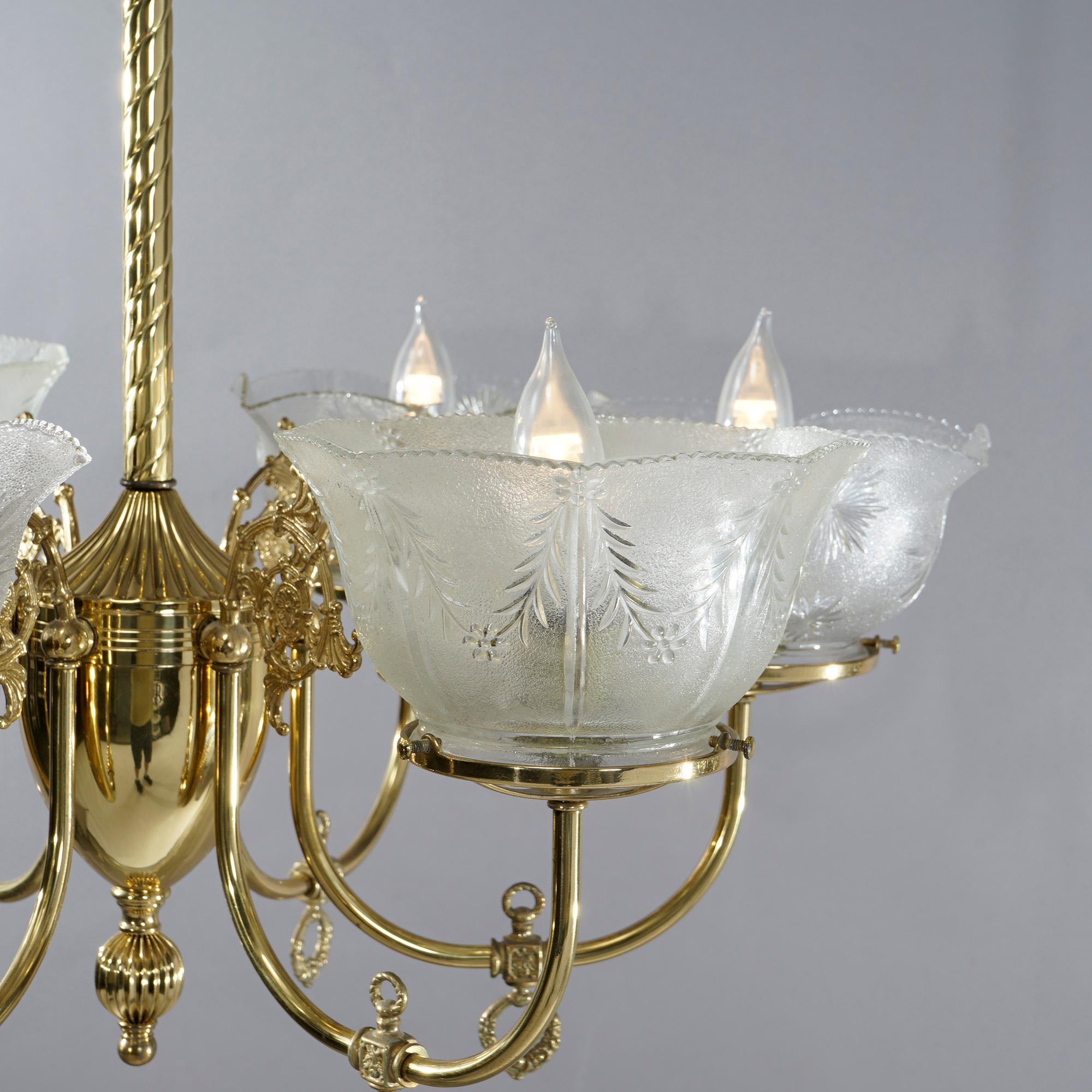 Antique Victorian Brass & Glass Six-Light Electrified Gas Chandelier, c1890 1