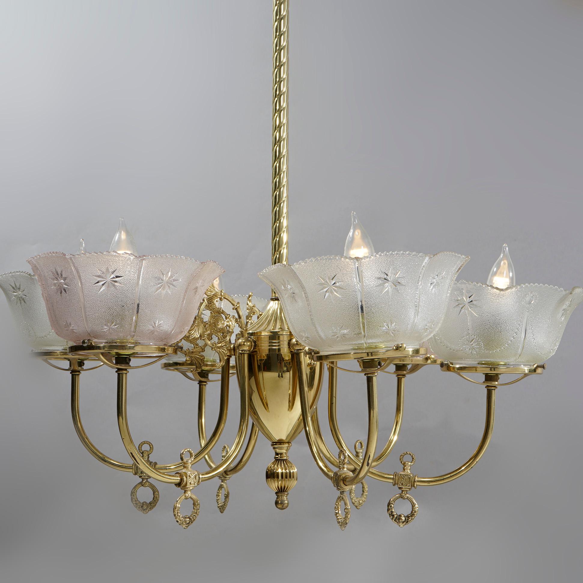 Antique Victorian Brass & Glass Six-Light Electrified Gas Chandelier, c1890 1
