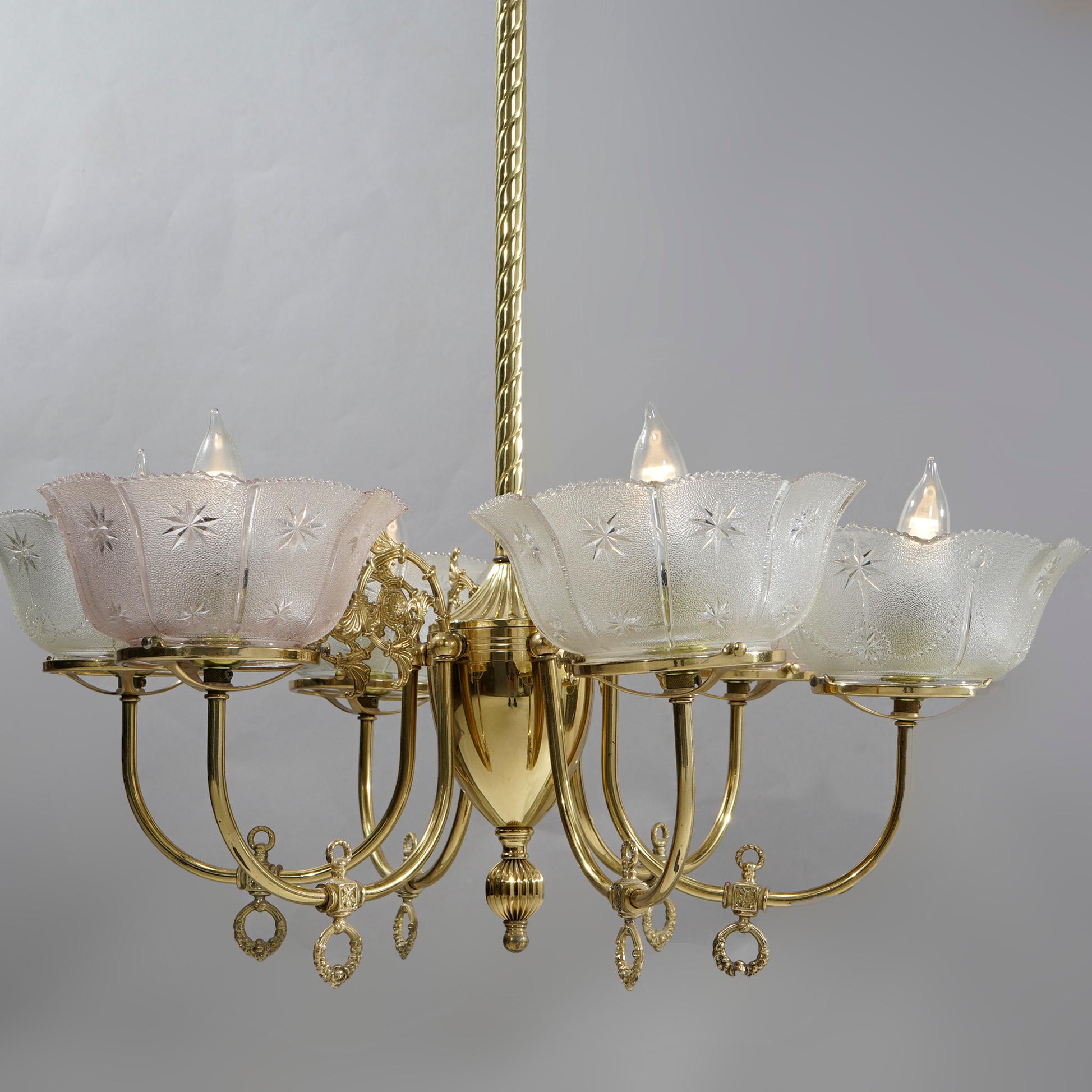 Antique Victorian Brass & Glass Six-Light Electrified Gas Chandelier, c1890 1