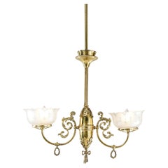 Antique Victorian Brass & Glass Two-Light Electrified Gas Chandelier, C1890