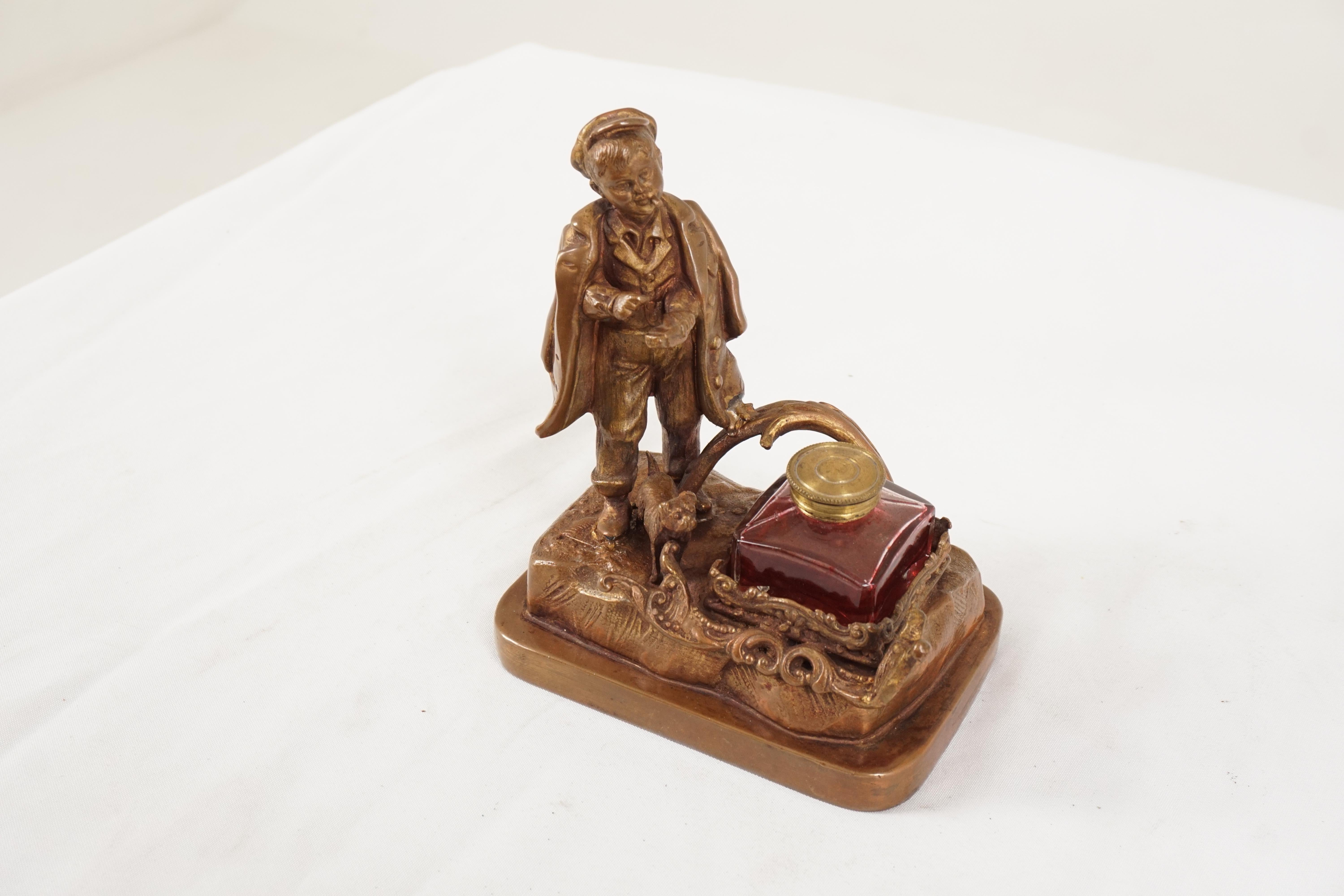 Antique Victorian Brass Inkstand, Young Boy And Dog, Scotland 1910, H555

Scotland 1910
Brass
Figure of a boy and his dog
Fitted with a square inkwell with a brass lid
Pen holder to the front
All standing on a plinth base

H555

Measures: 5.75