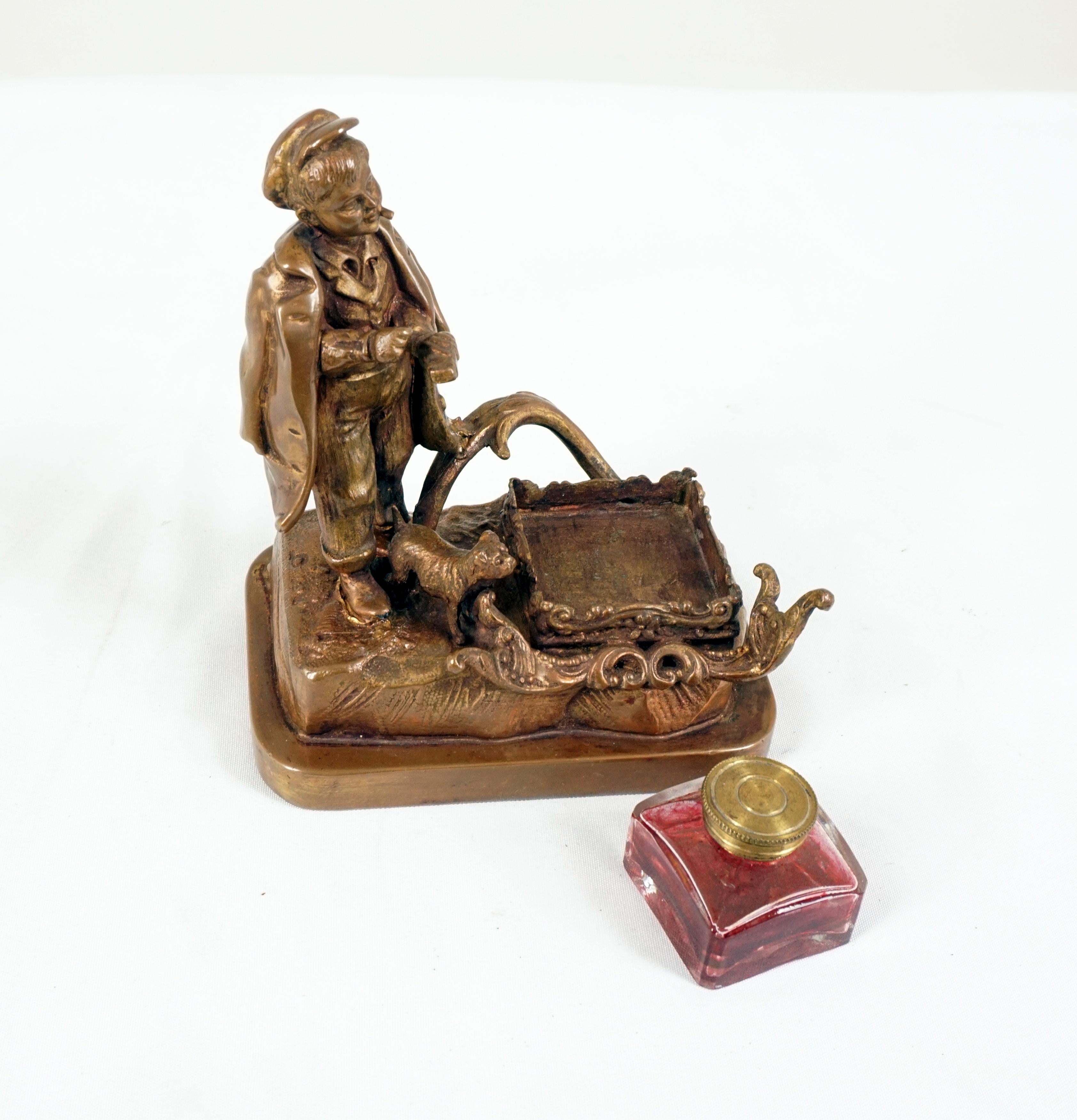 Scottish Antique Victorian Brass Inkstand, Young Boy and Dog, Scotland 1910, H555 For Sale