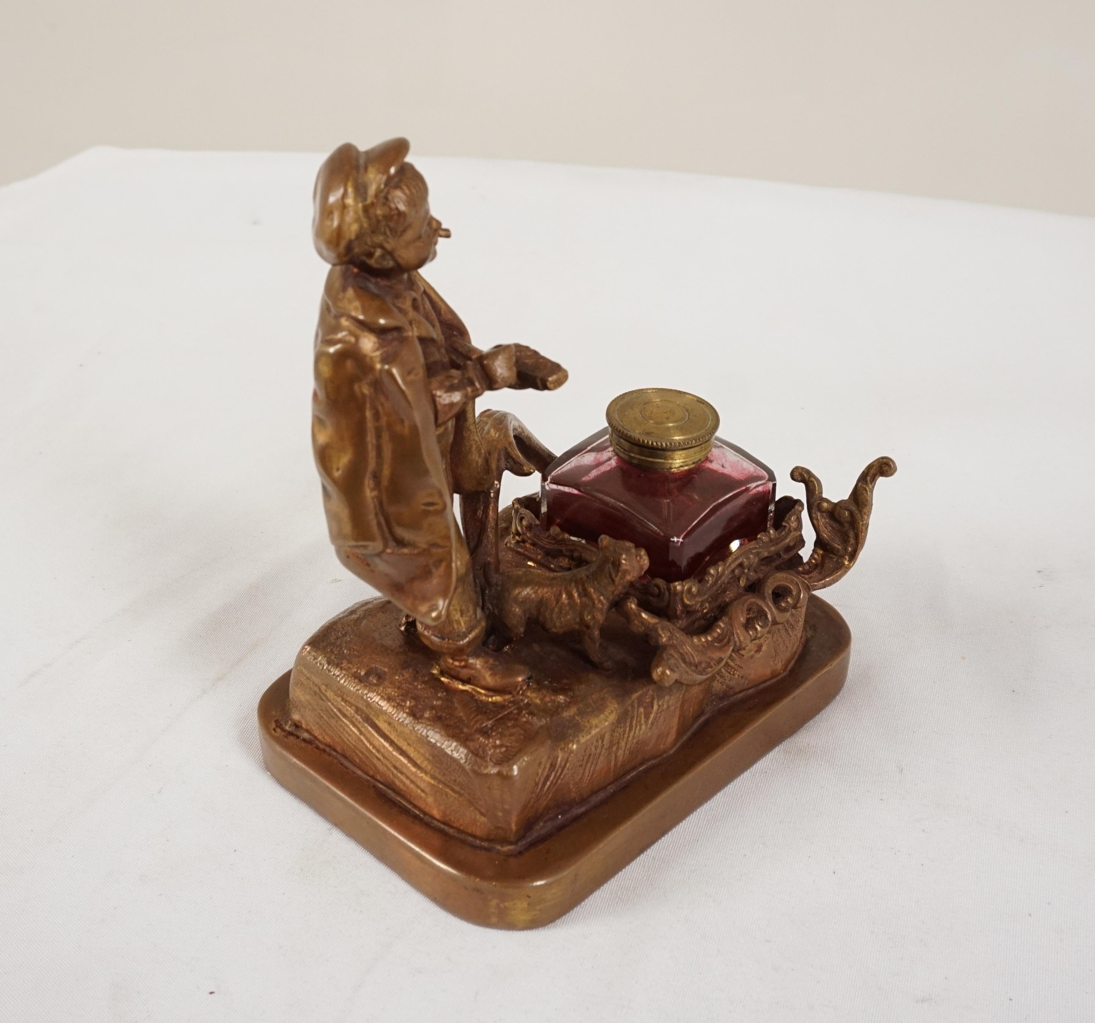 Hand-Crafted Antique Victorian Brass Inkstand, Young Boy and Dog, Scotland 1910, H555 For Sale
