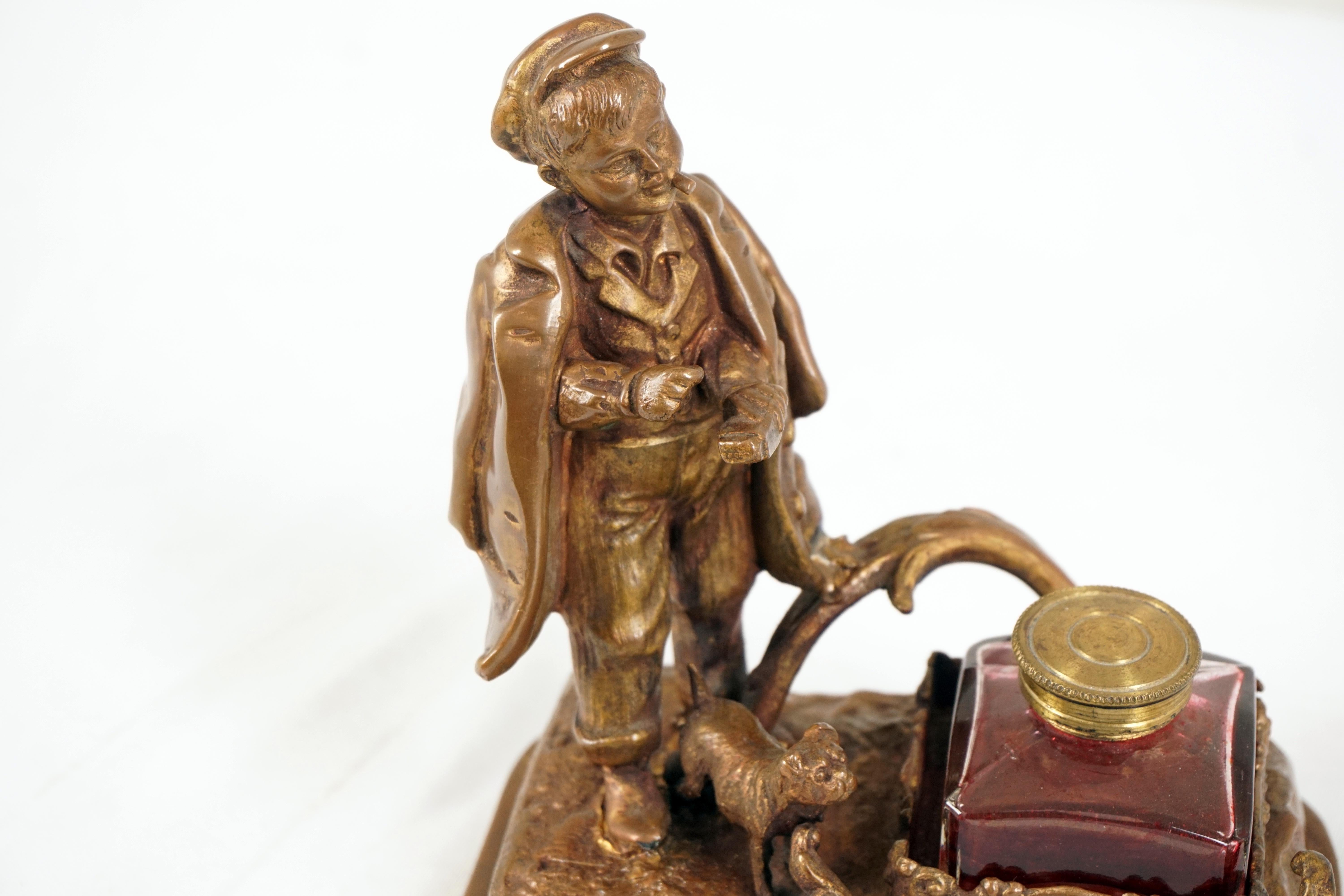 Early 20th Century Antique Victorian Brass Inkstand, Young Boy and Dog, Scotland 1910, H555 For Sale