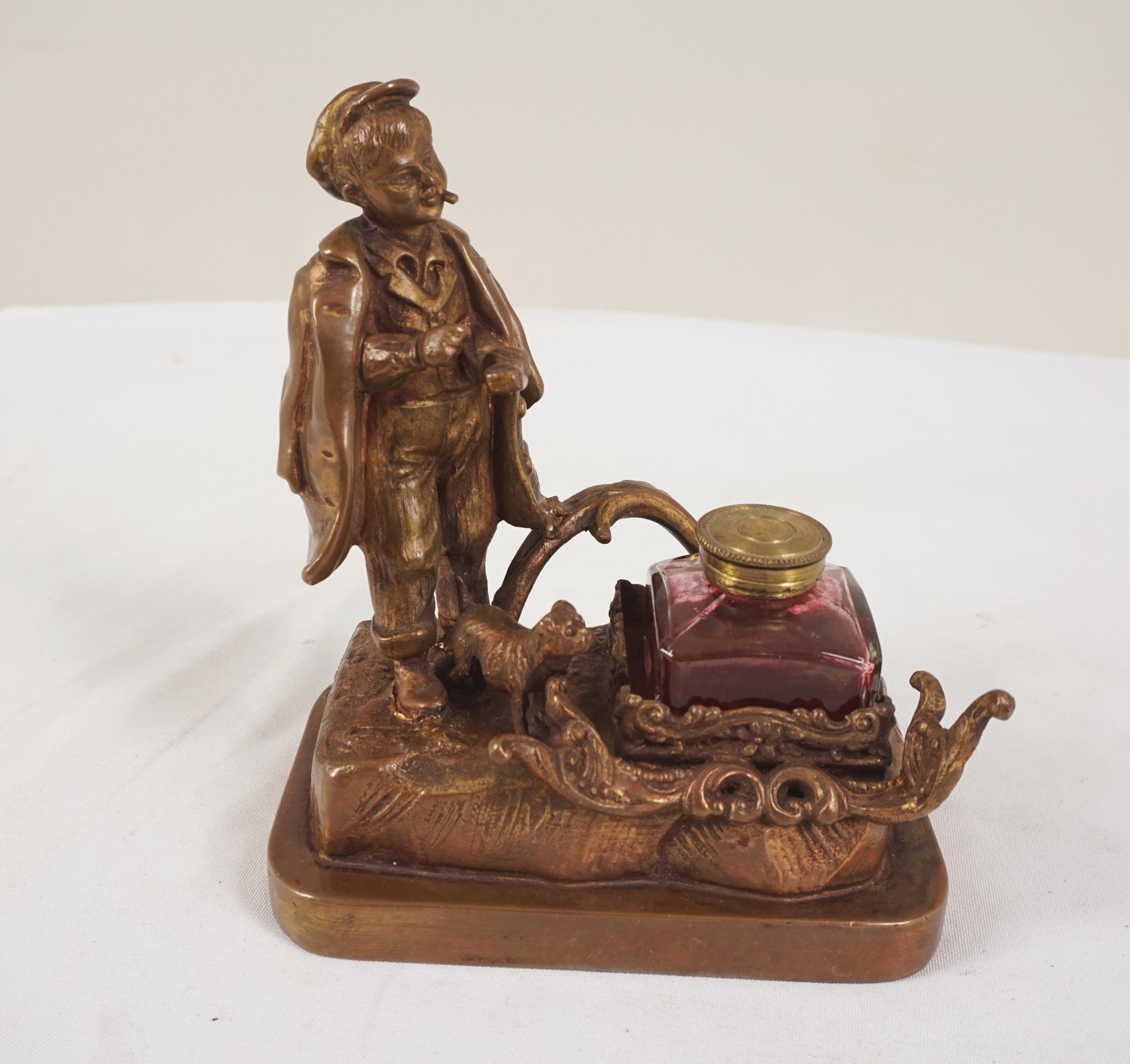 Silver Plate Antique Victorian Brass Inkstand, Young Boy and Dog, Scotland 1910, H555 For Sale