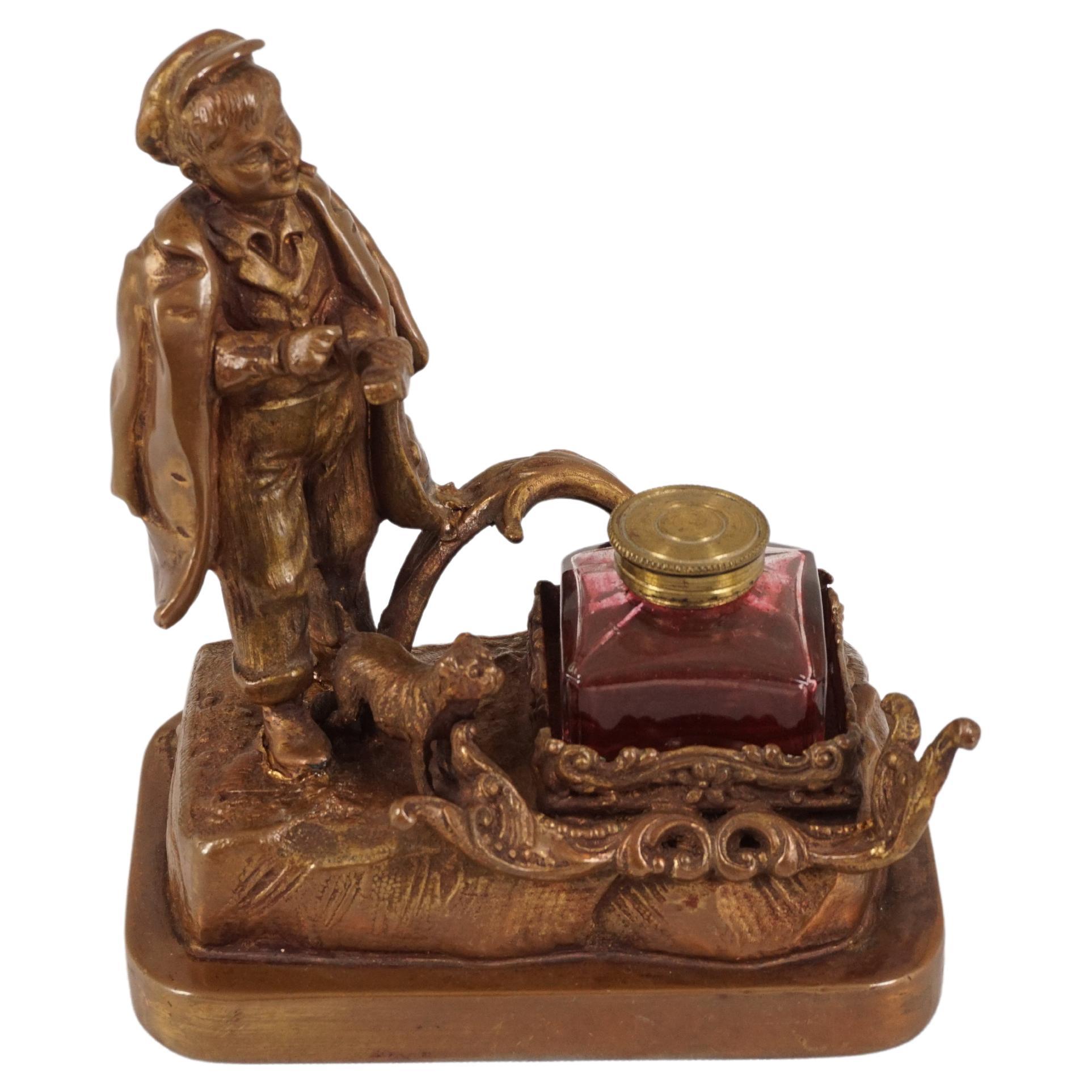Antique Victorian Brass Inkstand, Young Boy and Dog, Scotland 1910, H555 For Sale