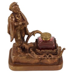 Antique Victorian Brass Inkstand, Young Boy and Dog, Scotland 1910, H555
