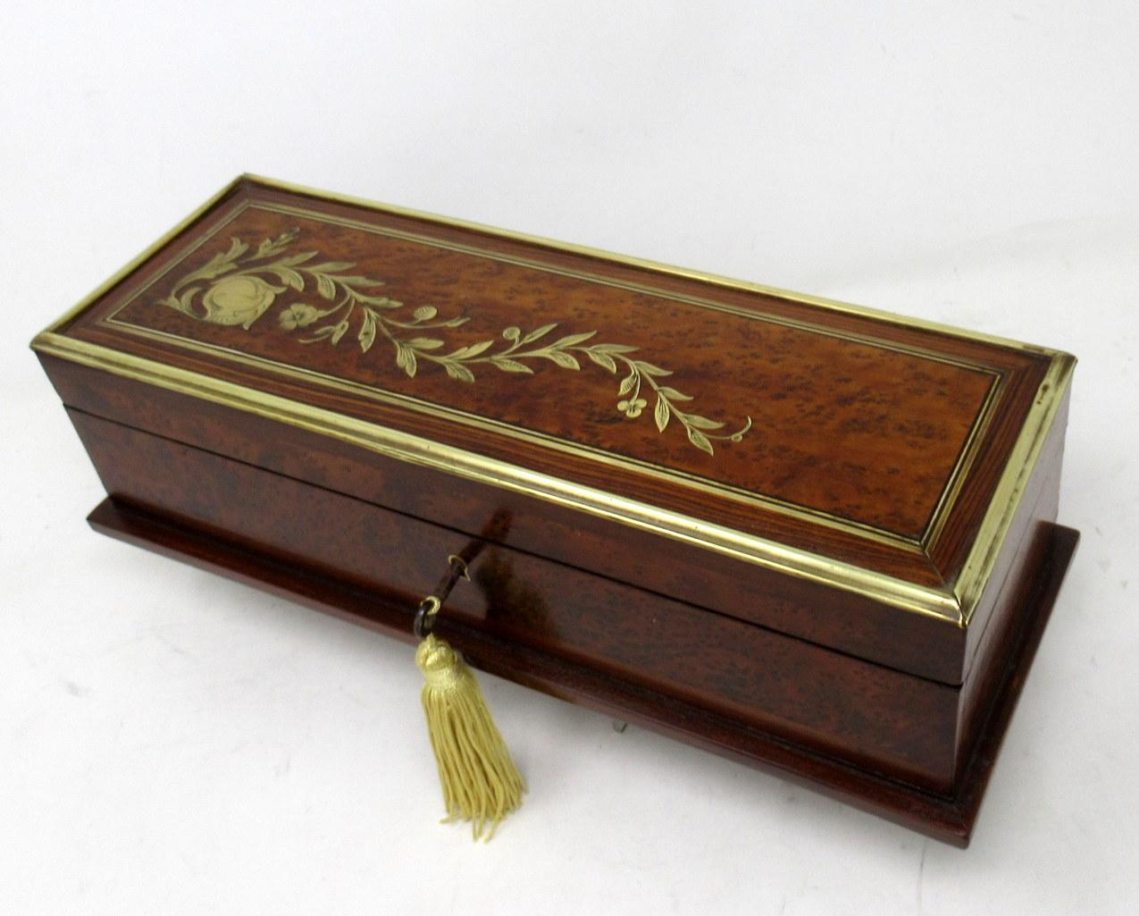 British Antique Victorian Brass Inlaid Birds Eye Maple Jewlery Casket Glove Box Casket