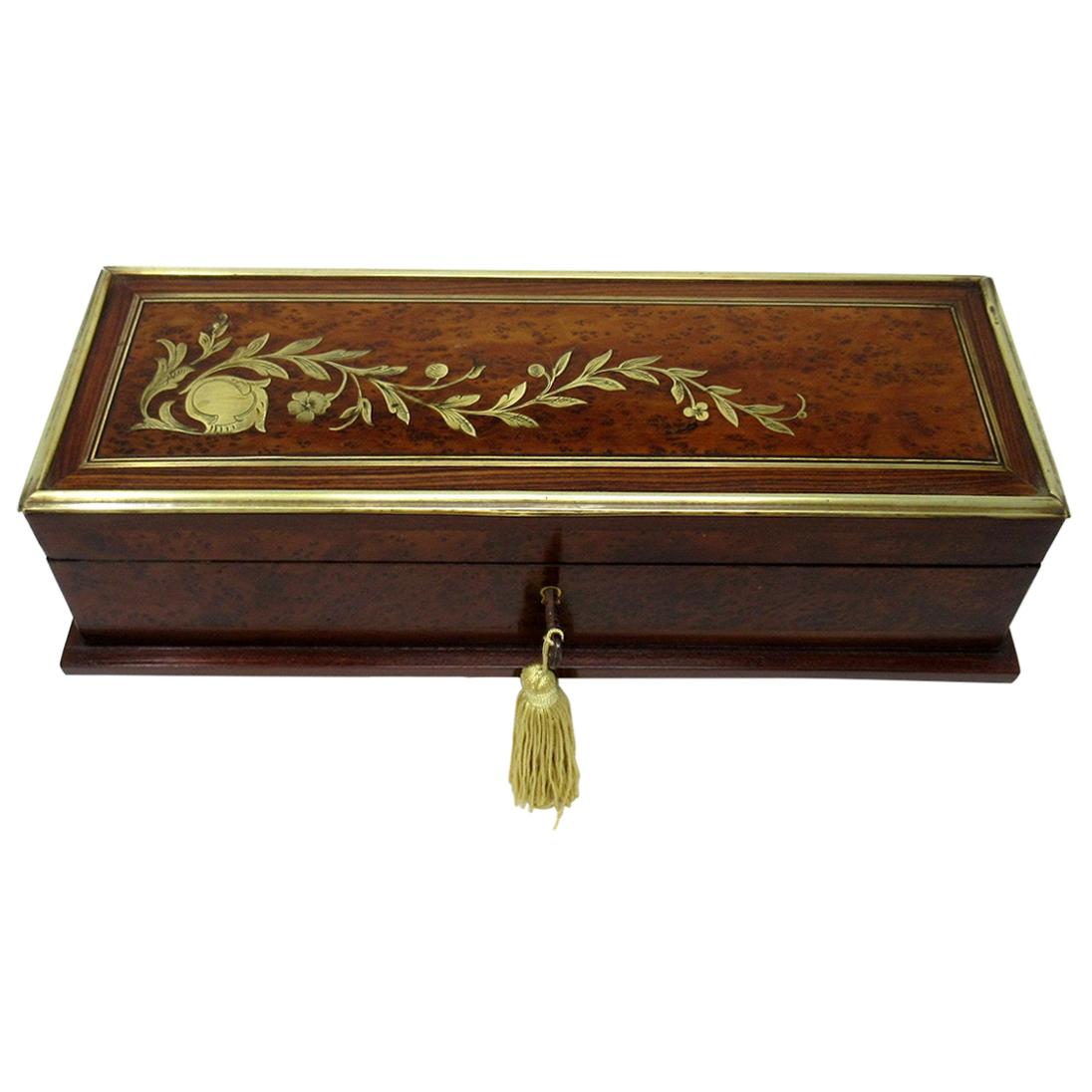 Antique Victorian Brass Inlaid Birds Eye Maple Jewlery Casket Glove Box Casket