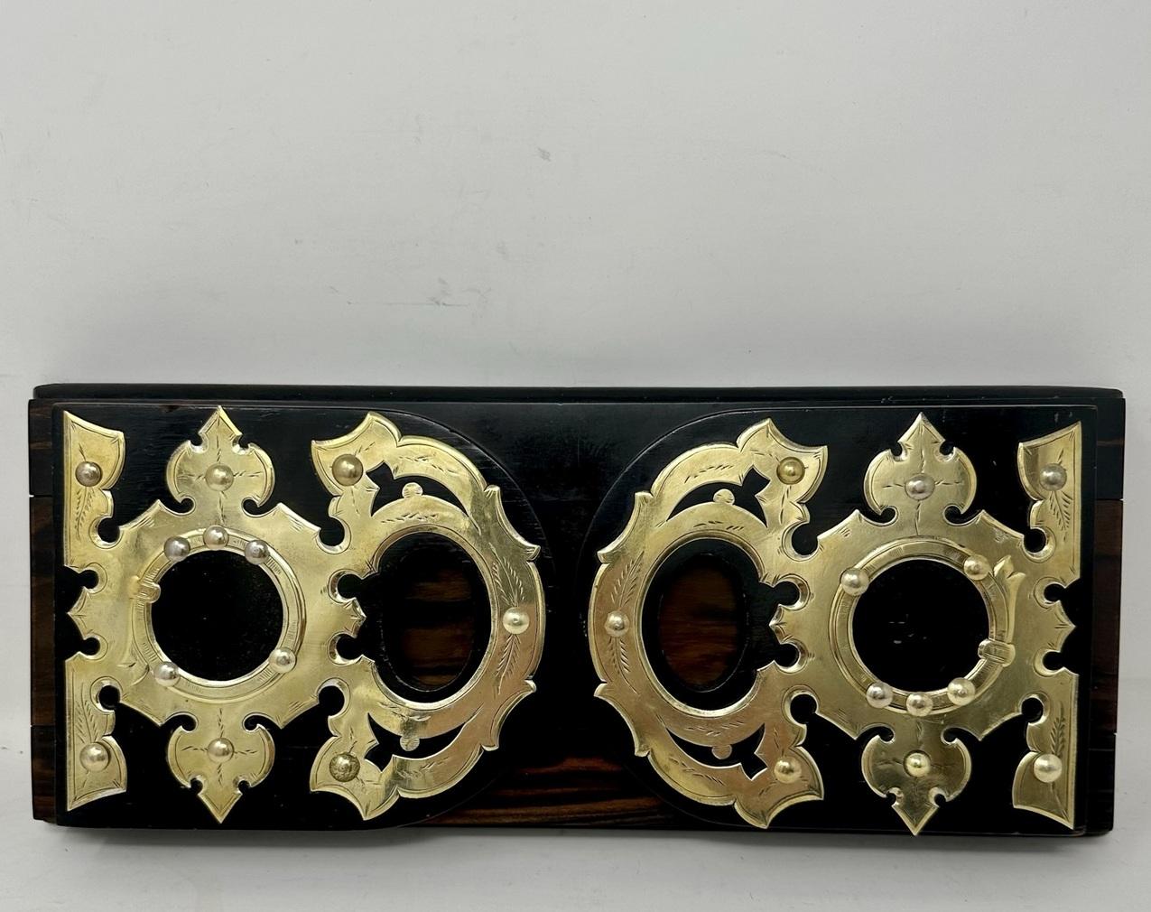British Antique Victorian Brass Inlaid Coromandel Library Book Trough Bookcase Holder