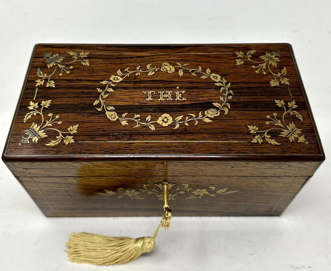 A superb example of a French well figured brass inlaid Rosewood, late Victorian period double interior section tea caddy of flat rectangular outline, generous proportions and outstanding quality, all areas are edged with self-quadrant mouldings,