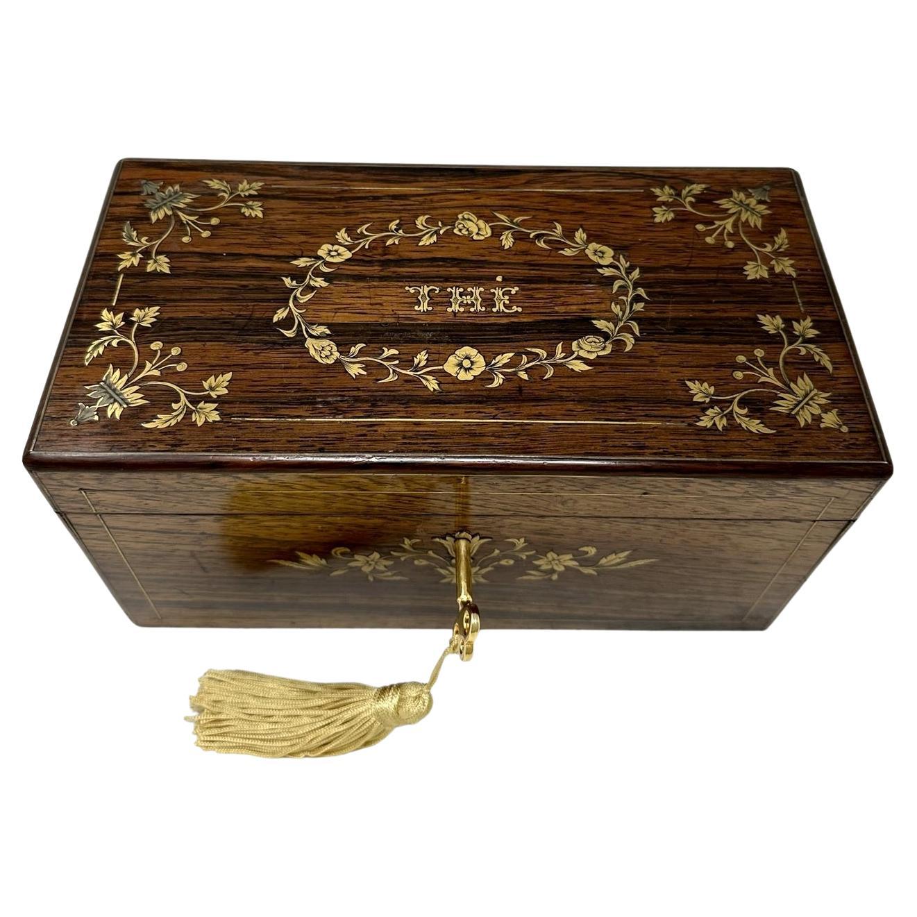 Antique Victorian Brass Inlaid Mahogany French Double Tea Caddy Box Casket 19ct