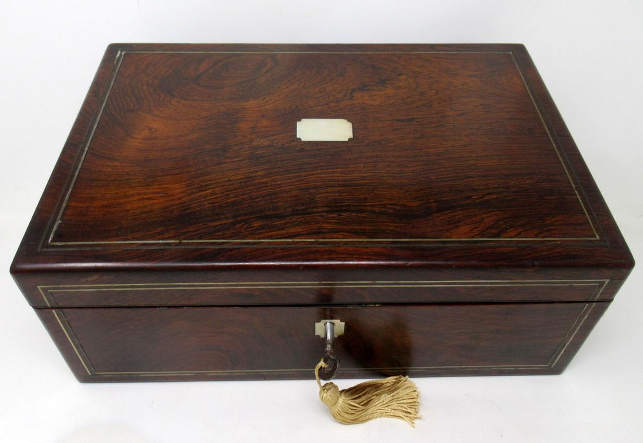 English Antique Victorian Brass Inlaid Mahogany Traveling Desk Wooden Writing Slope Box 