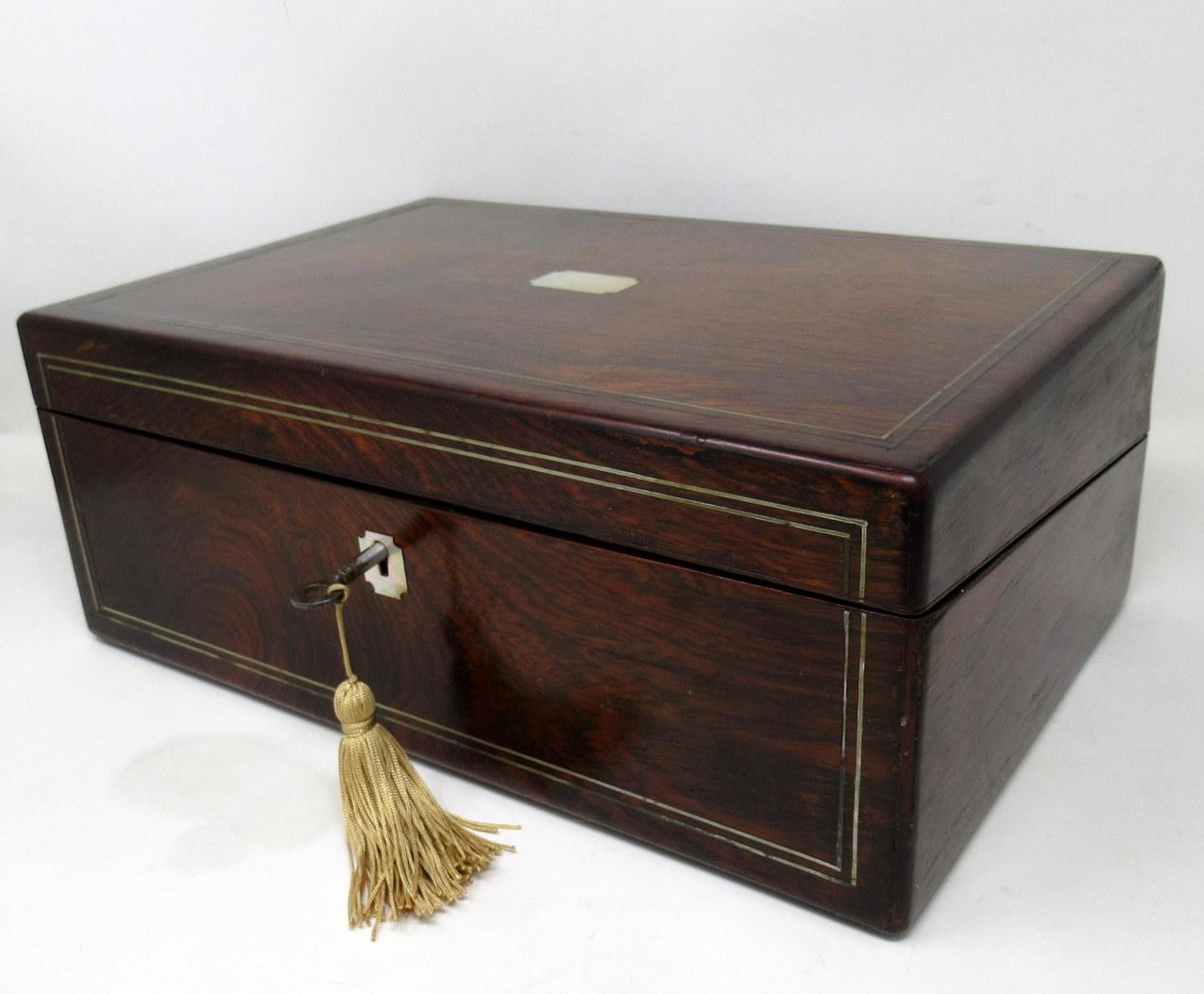 Antique Victorian Brass Inlaid Mahogany Traveling Desk Wooden Writing Slope Box  In Good Condition In Dublin, Ireland