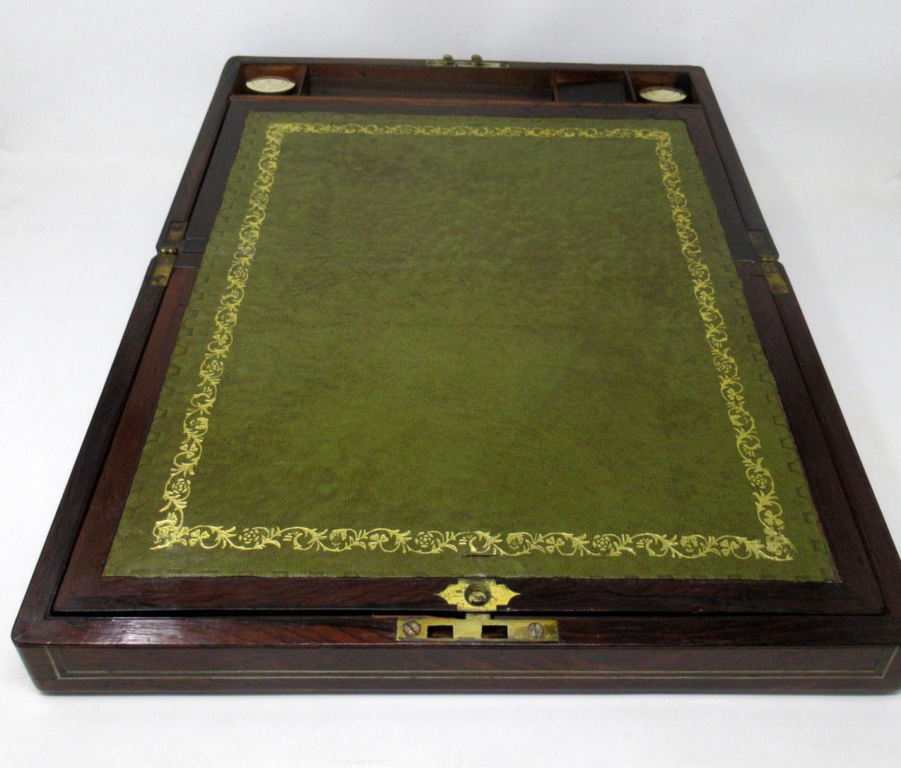 Antique Victorian Brass Inlaid Mahogany Traveling Desk Wooden Writing Slope Box  2