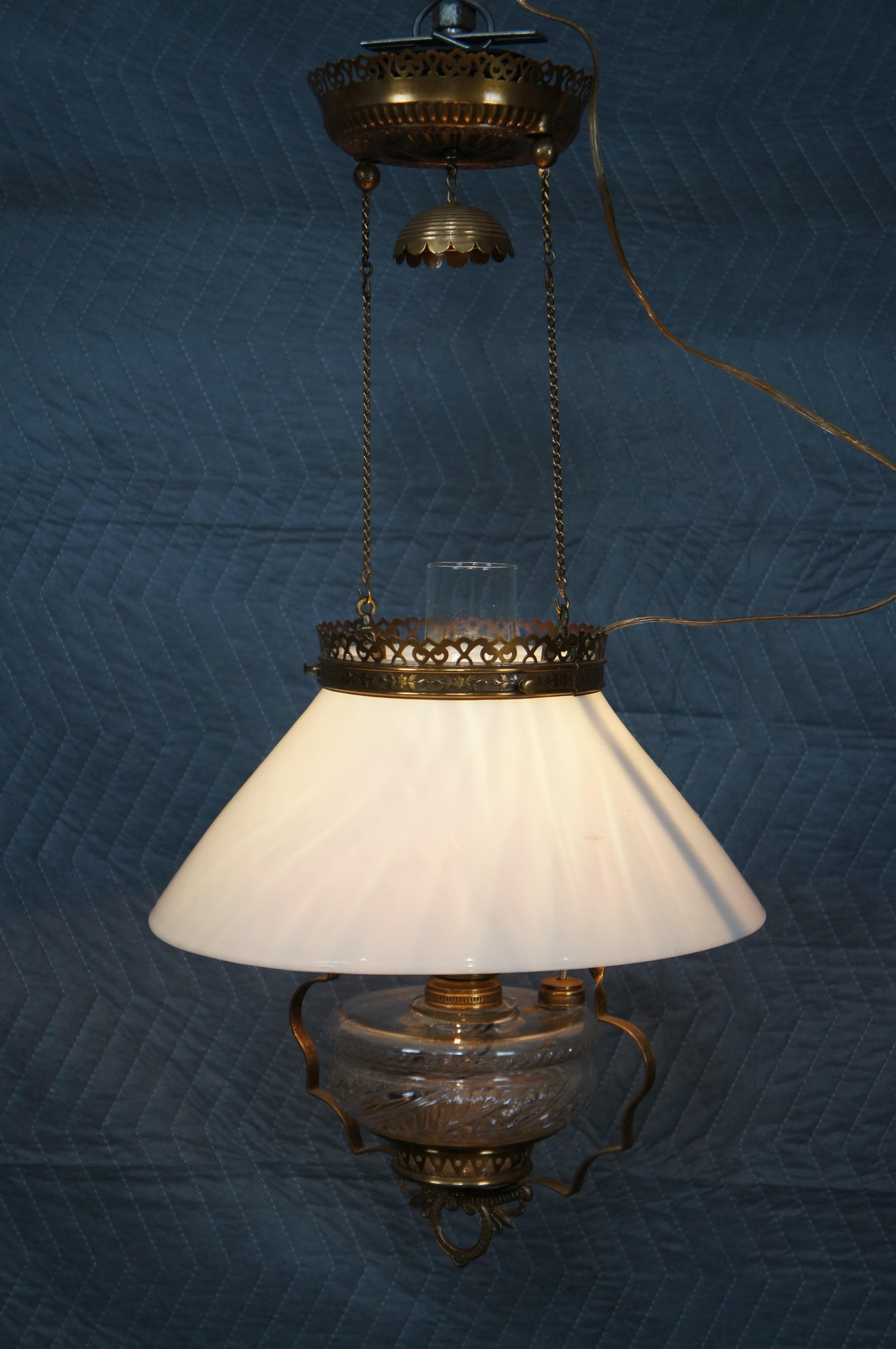 Antique Victorian Brass Milk Glass Hanging Oil Lamp Chandelier Pendant Light For Sale 4