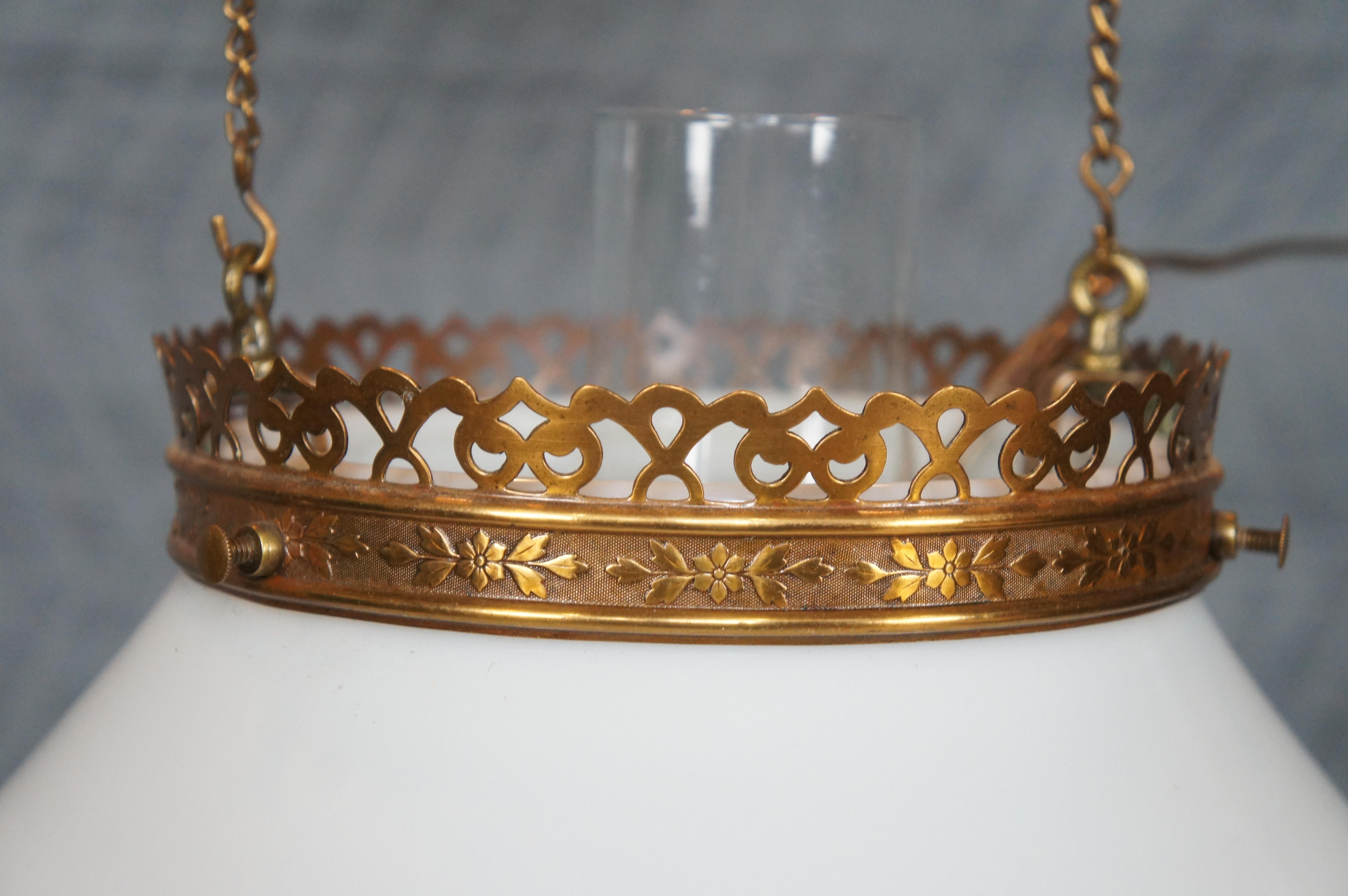 Aesthetic Movement Antique Victorian Brass Milk Glass Hanging Oil Lamp Chandelier Pendant Light For Sale