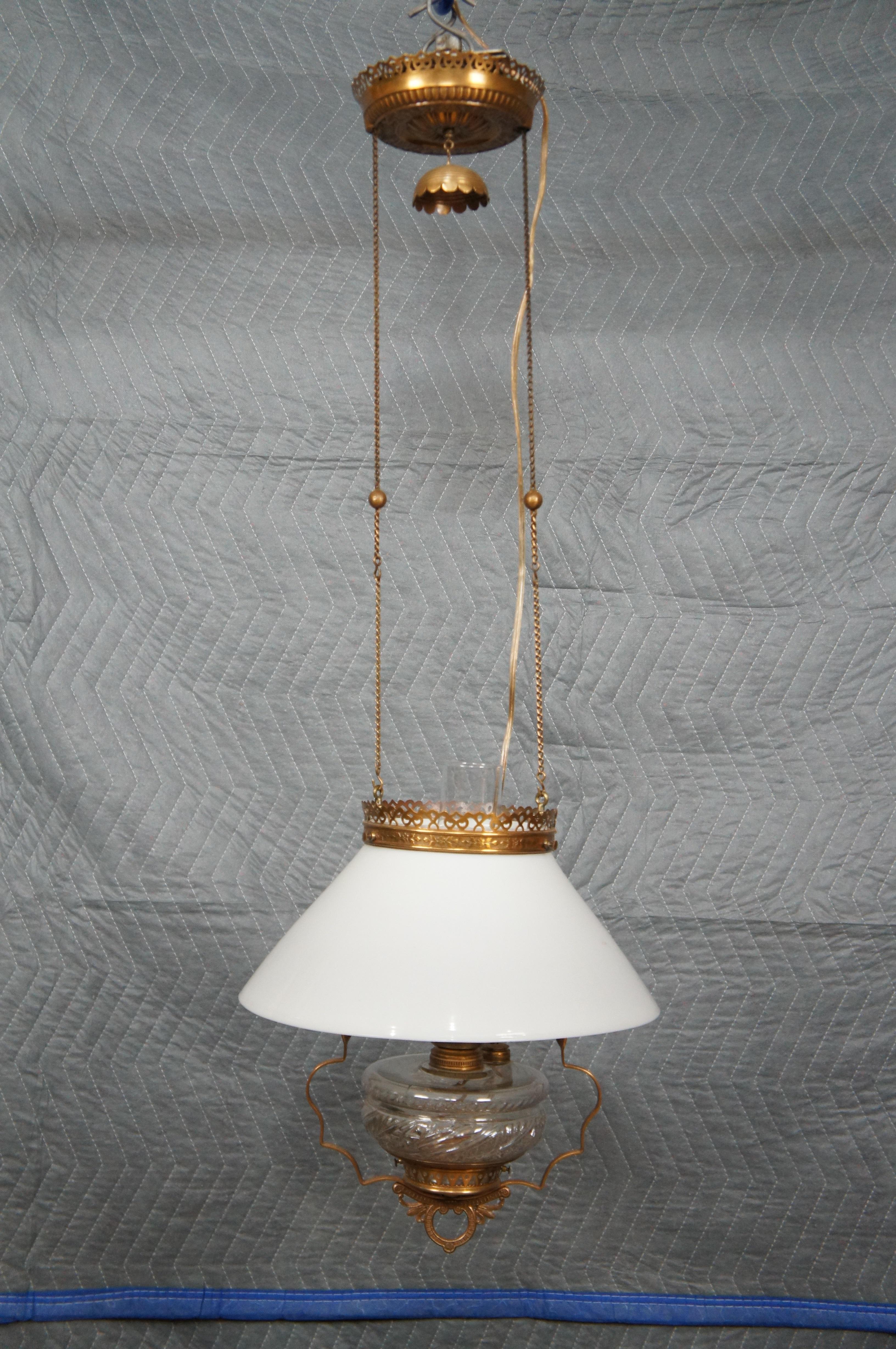 19th Century Antique Victorian Brass Milk Glass Hanging Oil Lamp Chandelier Pendant Light For Sale