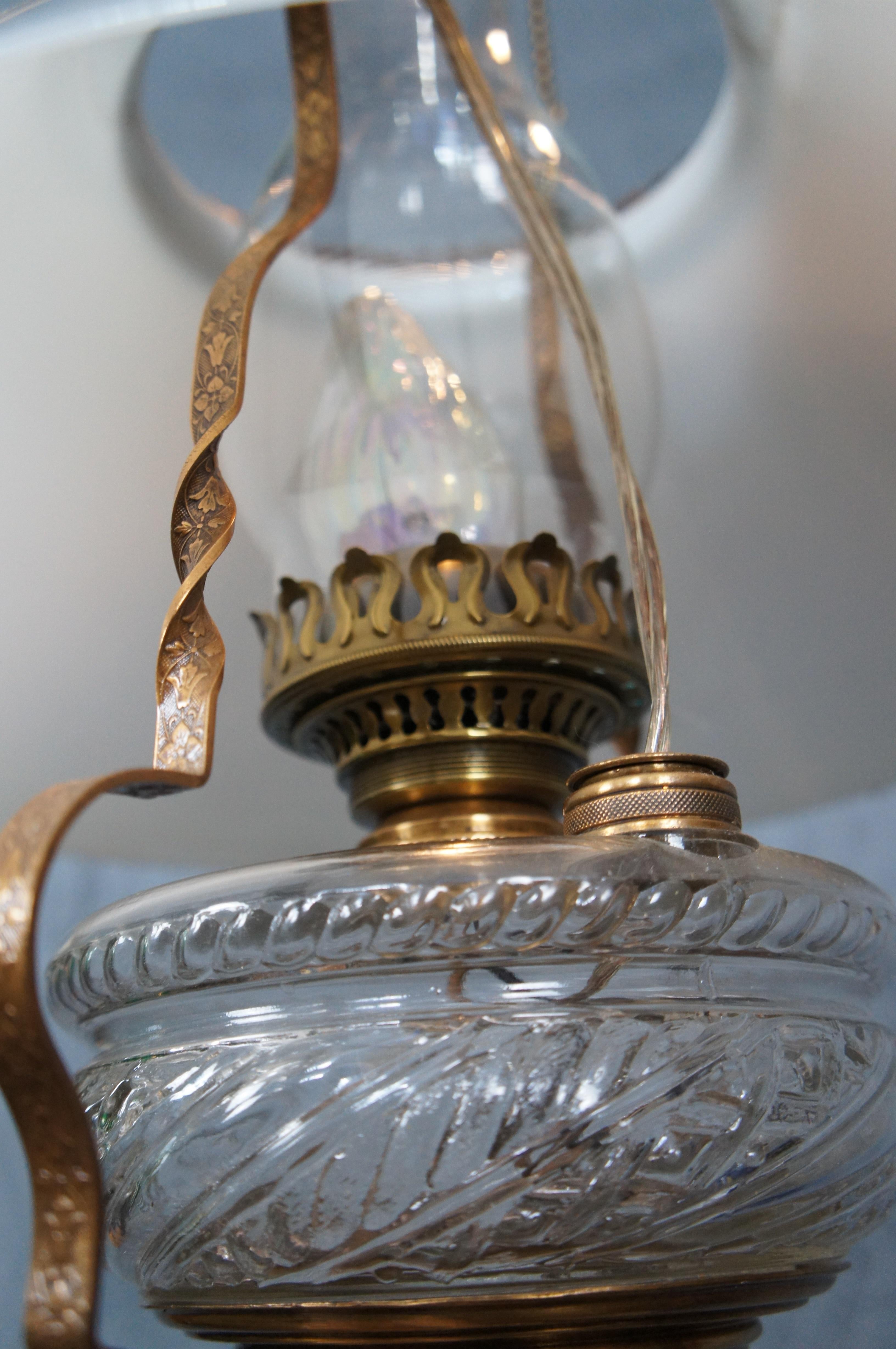 Antique Victorian Brass Milk Glass Hanging Oil Lamp Chandelier Pendant Light For Sale 1