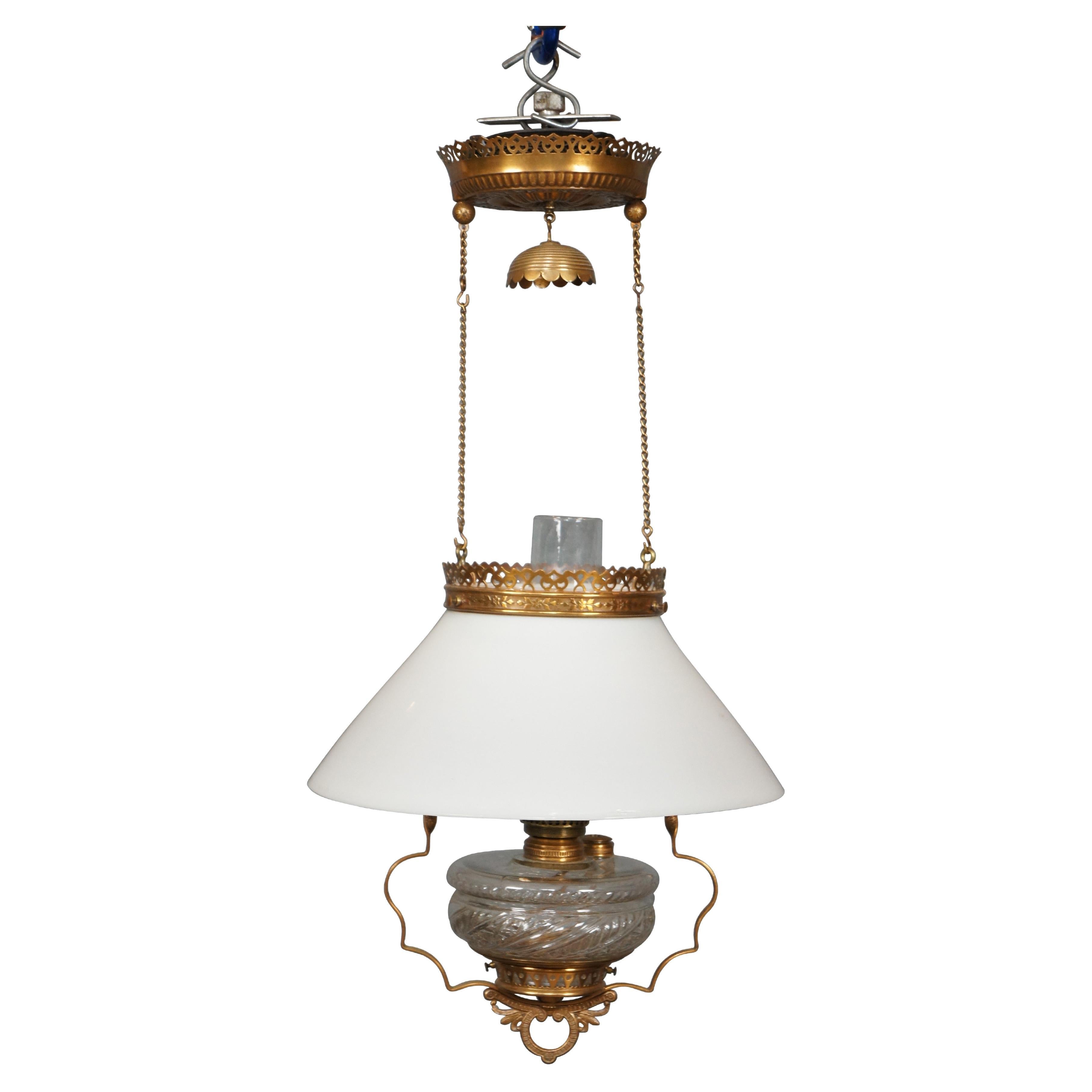 Antique Victorian Brass Milk Glass Hanging Oil Lamp Chandelier Pendant Light For Sale