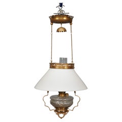 Used Victorian Brass Milk Glass Hanging Oil Lamp Chandelier Pendant Light