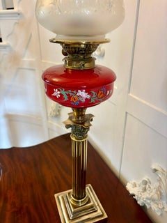 Antique Victorian Brass Oil Lamp with Cranberry Glass Font and Corinthian Column