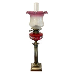 Antique Victorian Brass Oil Lamp with Cranberry Glass Font and Corinthian Column