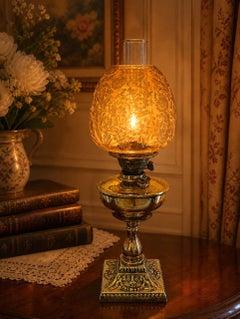 Antique Victorian Brass Oil Lamp with Etched Amber Glass Shade