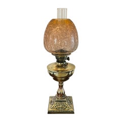 Antique Victorian Brass Oil Lamp with Etched Amber Glass Shade