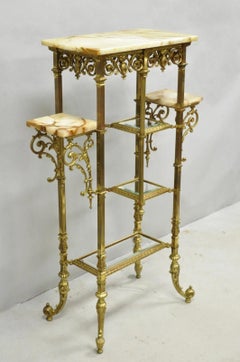 Antico scaffale a gradoni in ottone e onice, ornato, per espositori curiosi