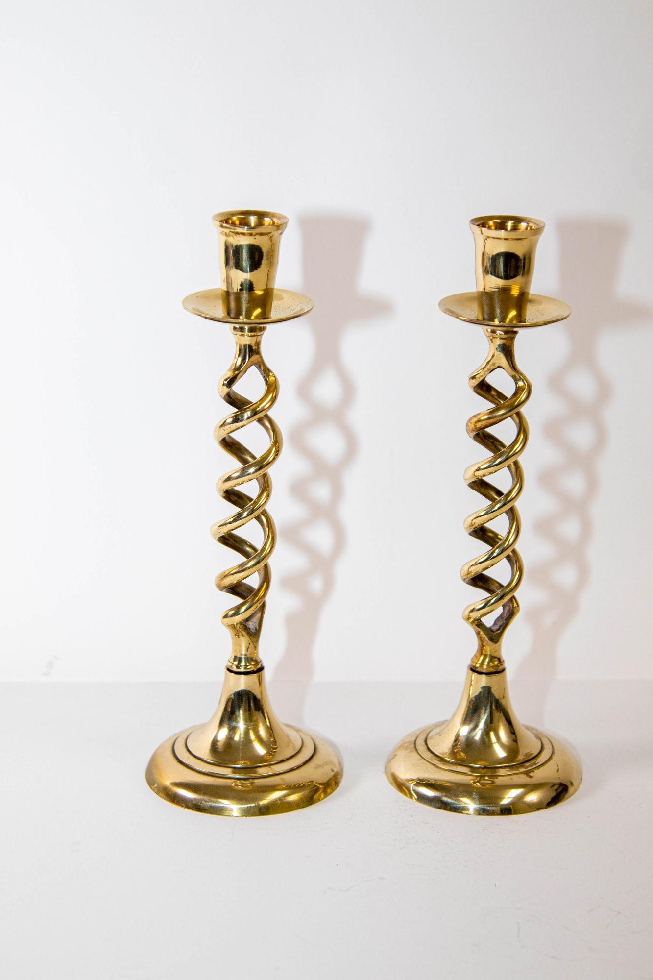 British Antique Victorian Brass Pair of Barley Twist Candlesticks