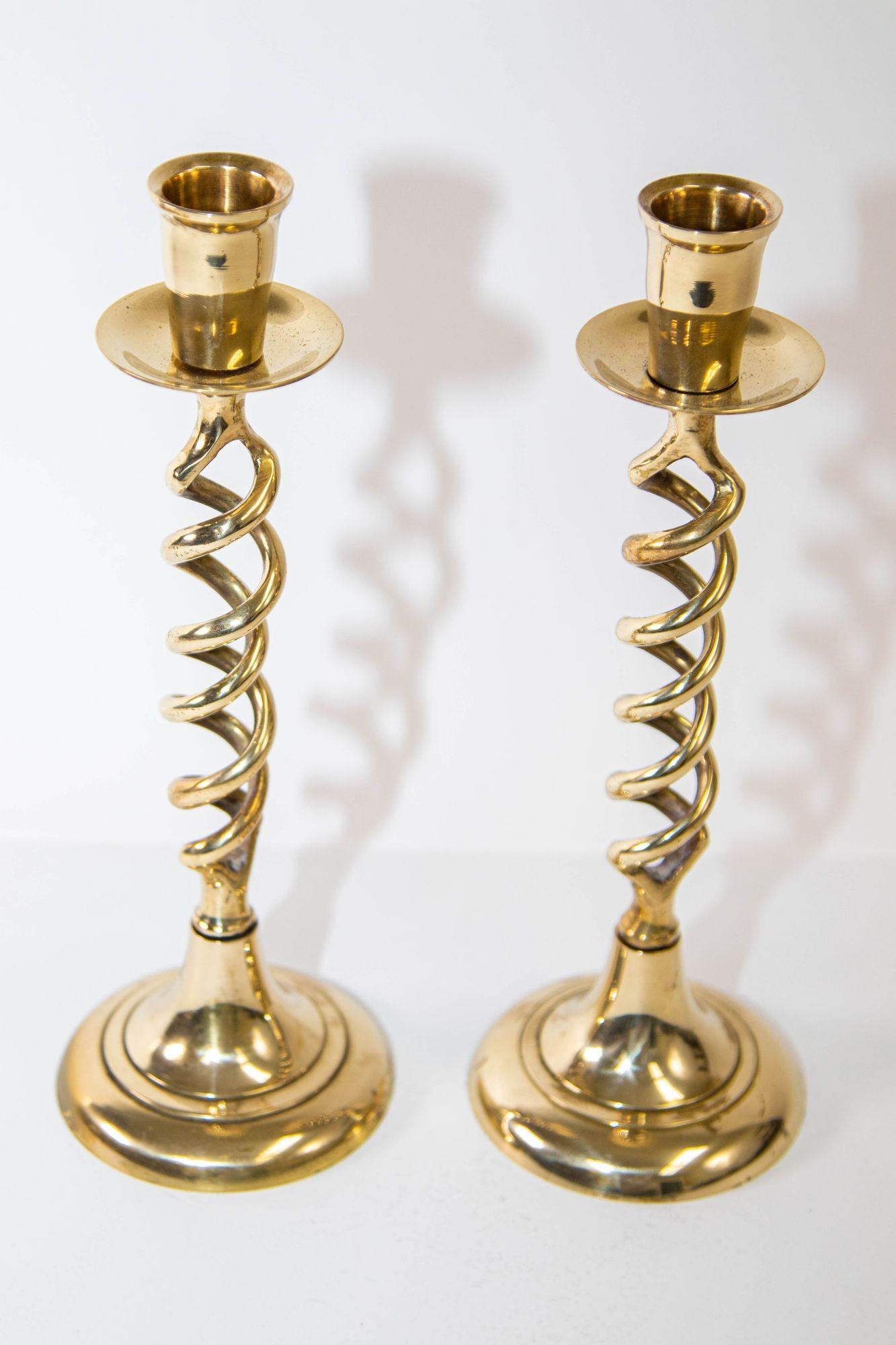 Hand-Crafted Antique Victorian Brass Pair of Barley Twist Candlesticks